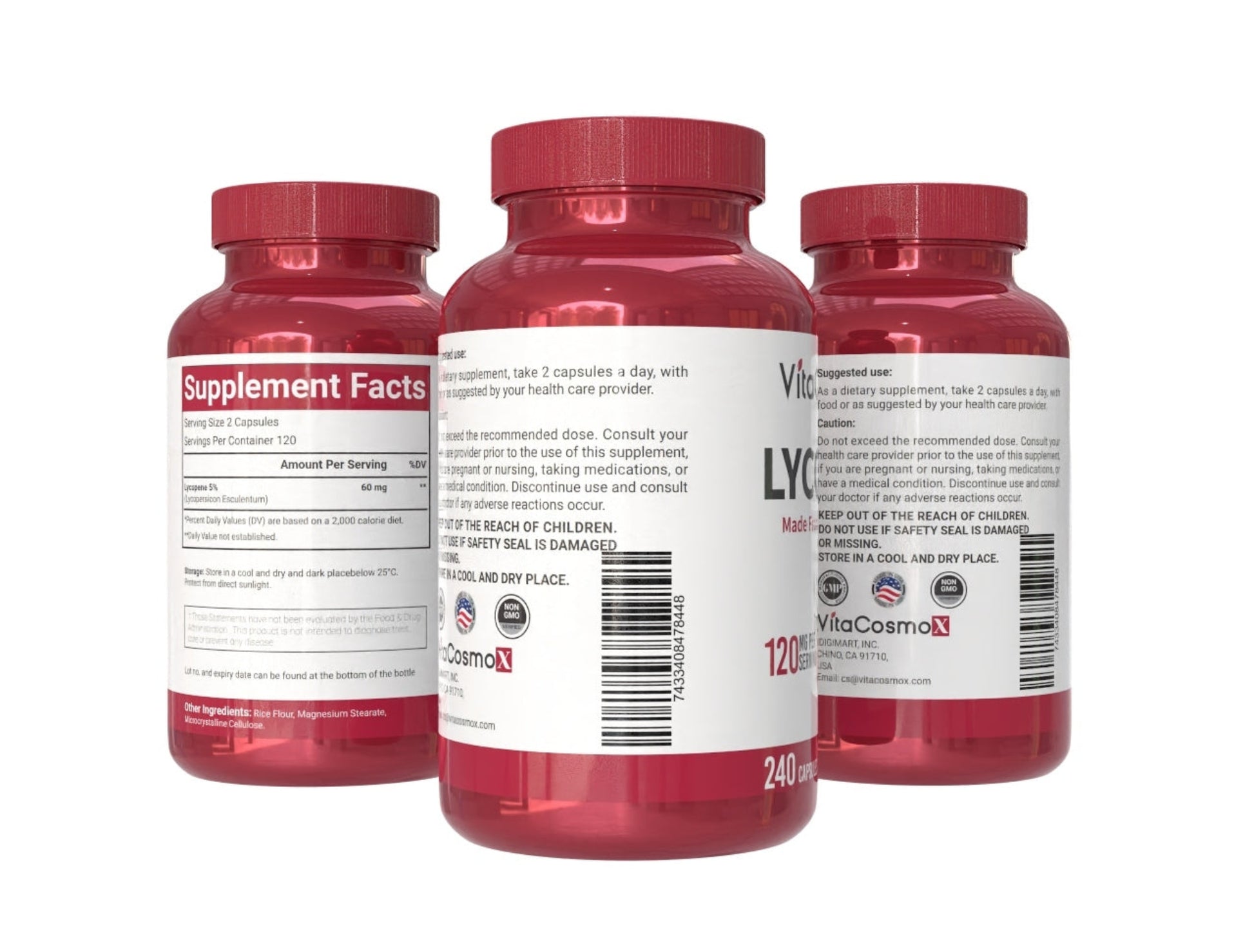Three VitaCosmoX Lycopene 240 supplement bottles with white labels on a white background