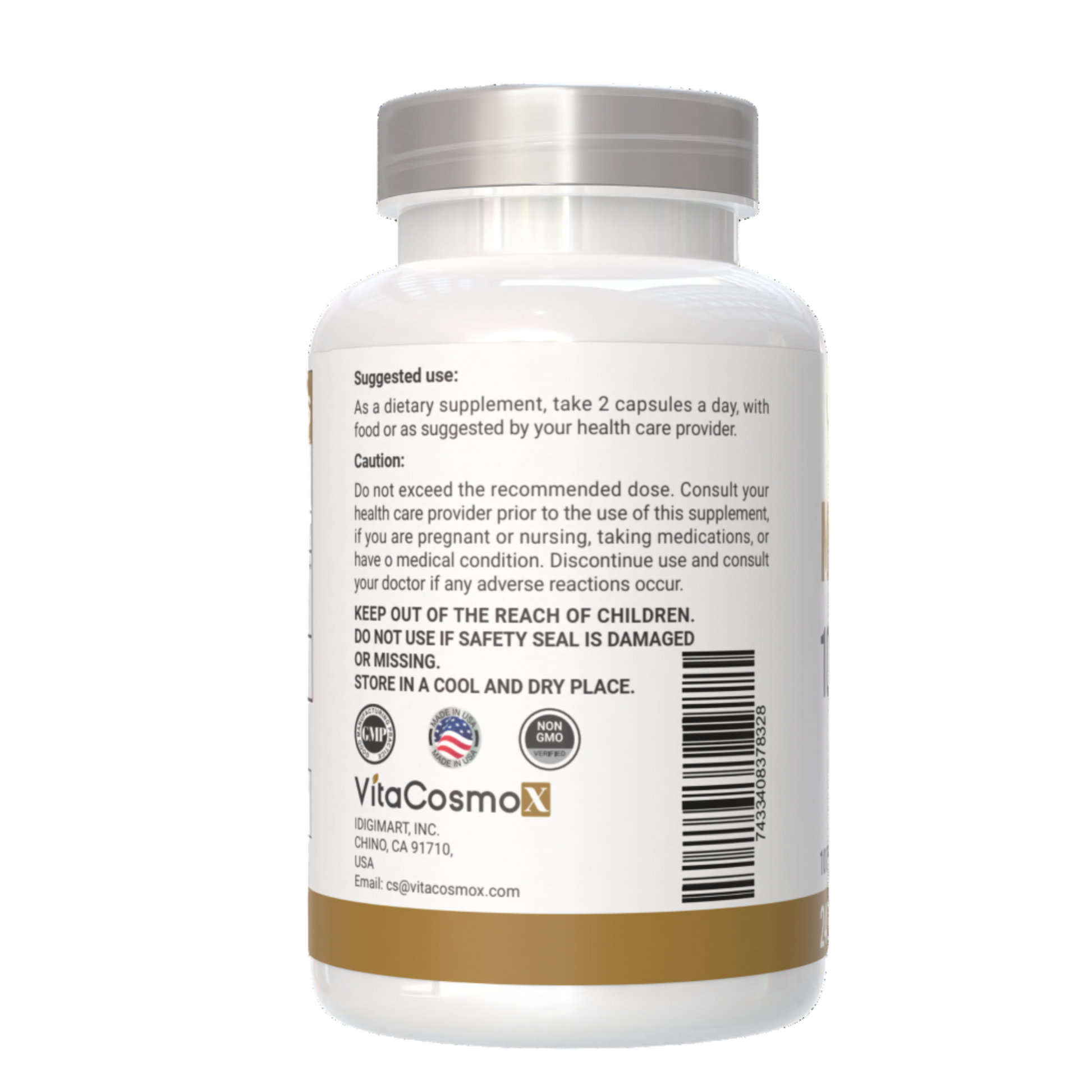 VitaCosmoX  mastic gum caution warning label side - 240 capsules