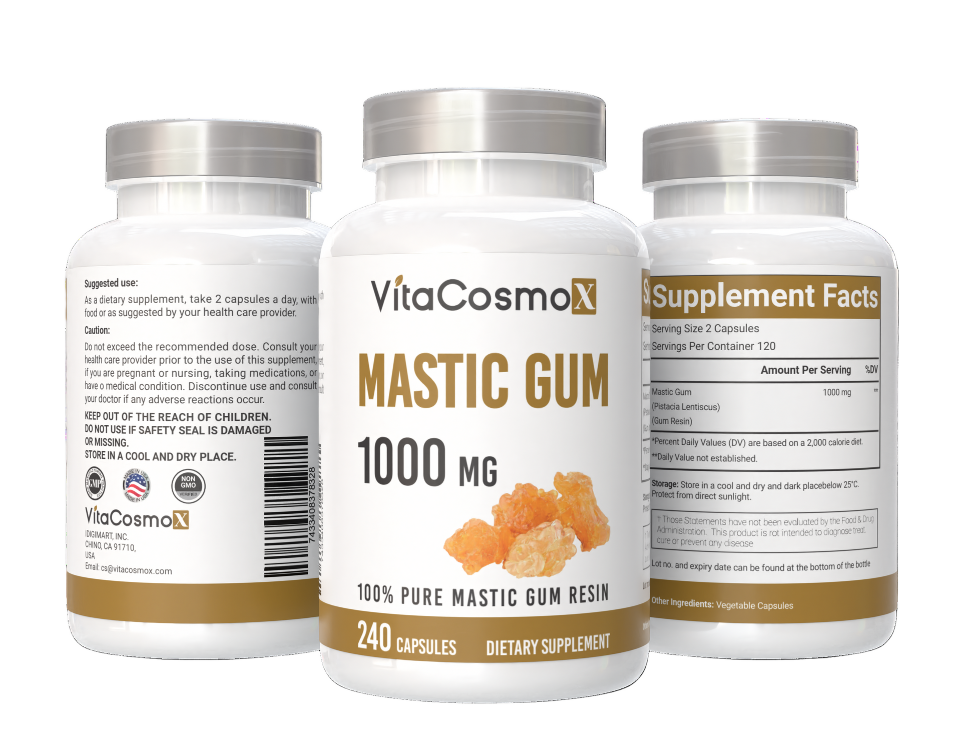 VitaCosmoX Mastic Gum supplement bottles on a white background