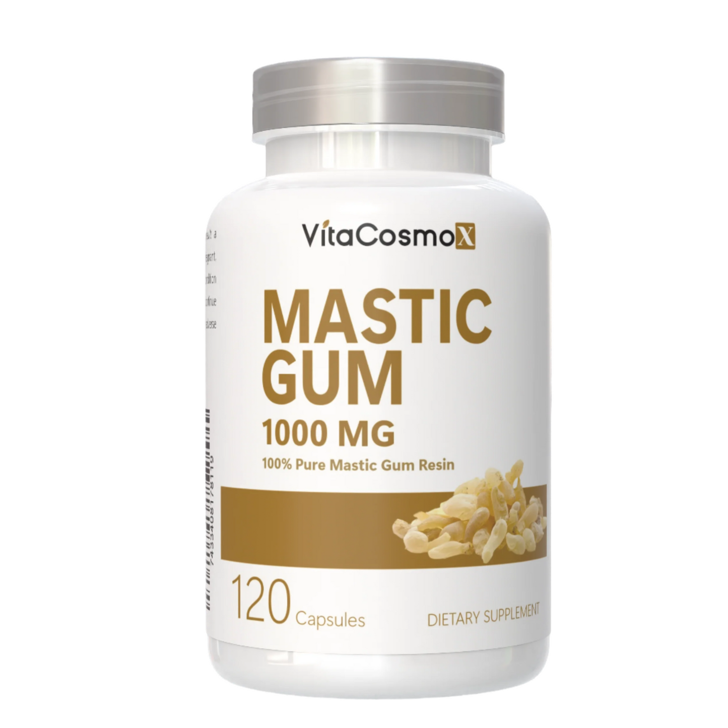 VitaCosmoX Mastic Gum supplement bottle on a white background