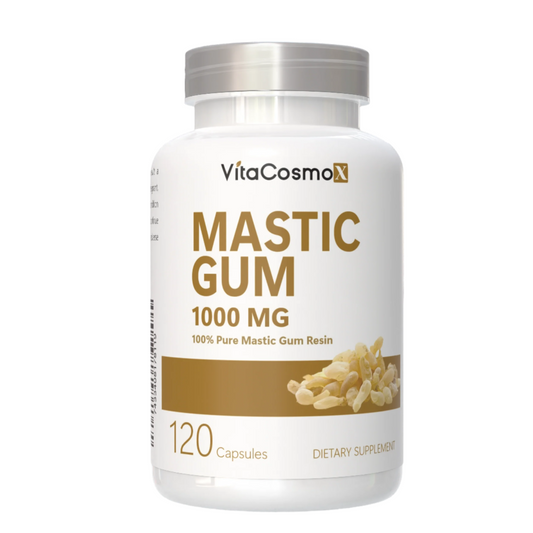 VitaCosmoX Mastic Gum supplement bottle on a white background