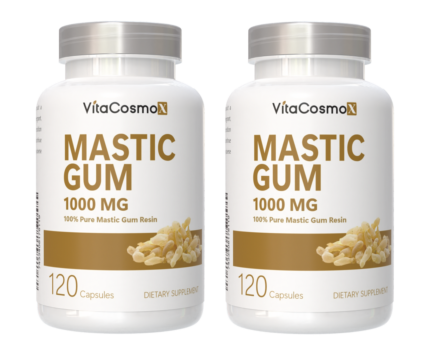 Two bottles of VitaCosmo Mastic Gum 1000 MG on a white background