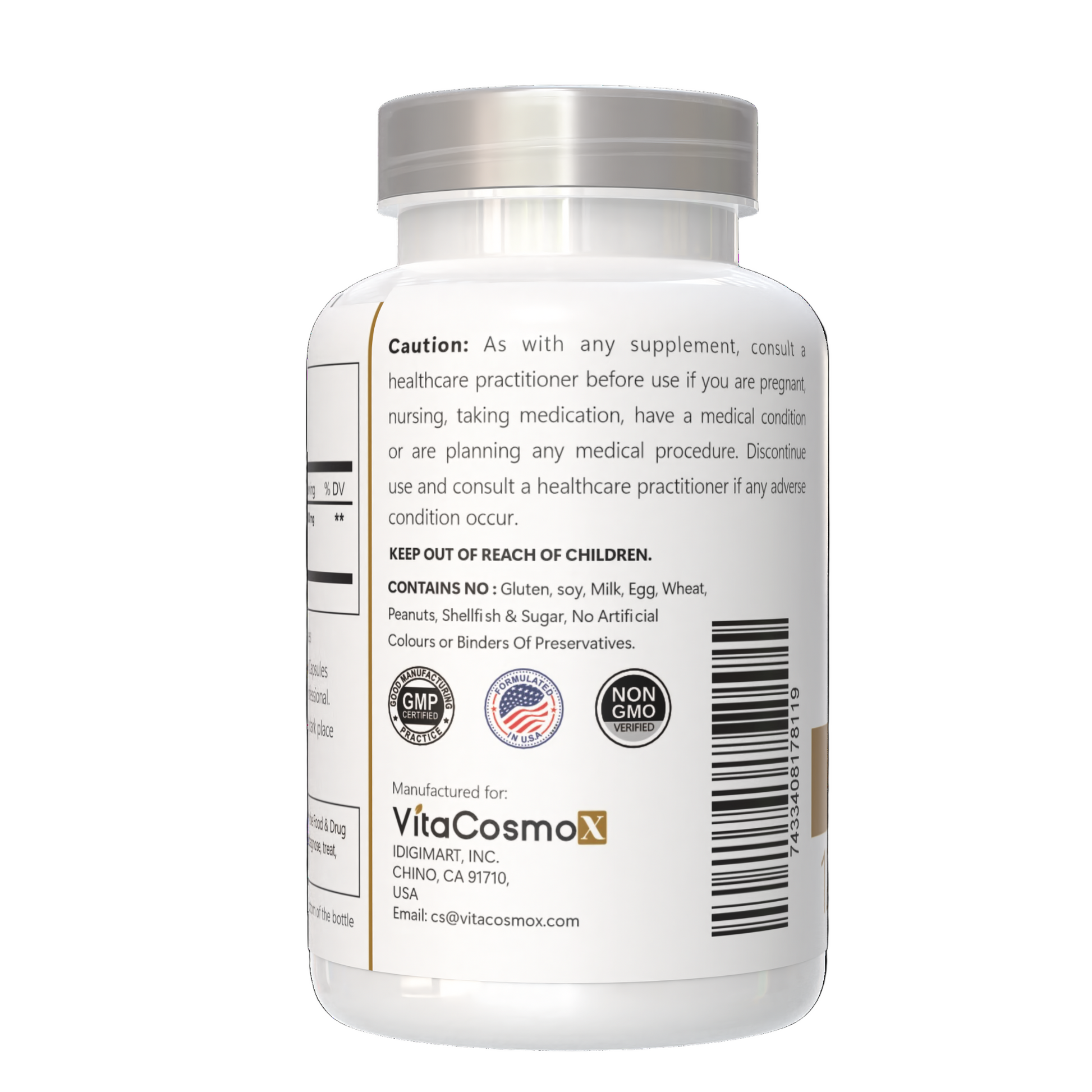 VitaCosmoX supplement bottle label with product details and cautionary text on a white background