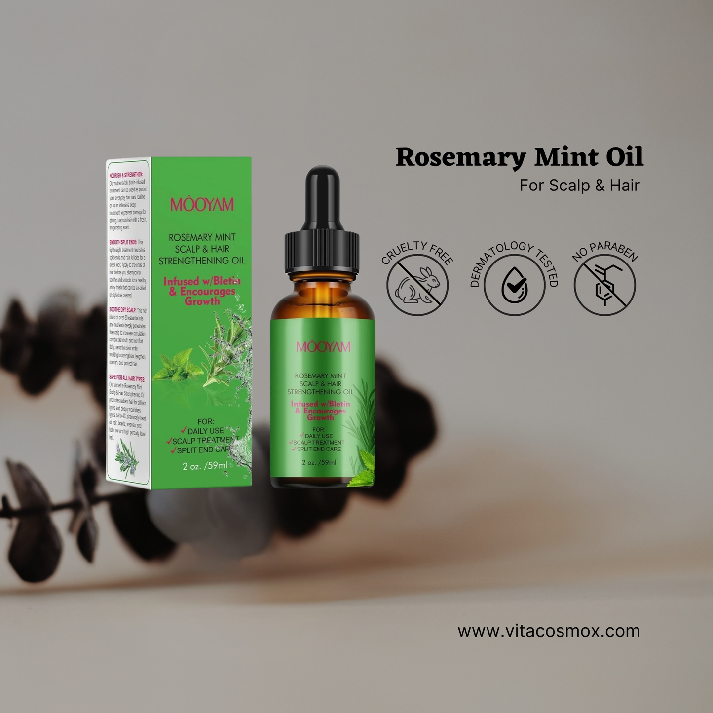 VitaCosmoX Rosemary & Mint Hair and Scalp Oil – Lightweight Oil with Biotin (2 oz / 59 ml)