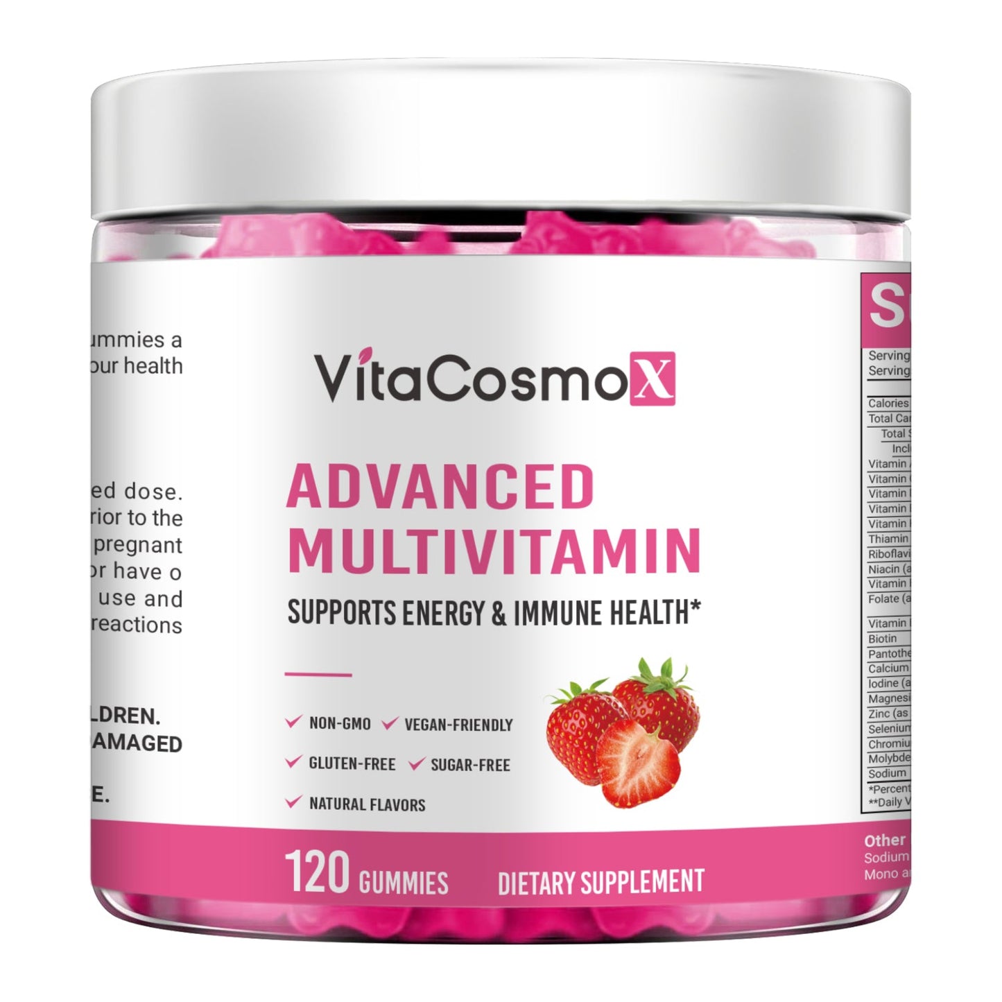 VitaCosmoX Advanced Multivitamin container with strawberry flavor on a white background