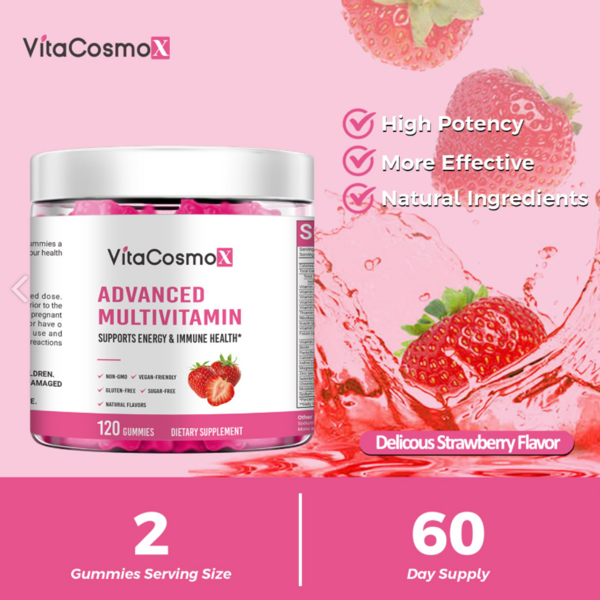 VitaCosmoX Advanced Multivitamin container with strawberry flavor on a pink background