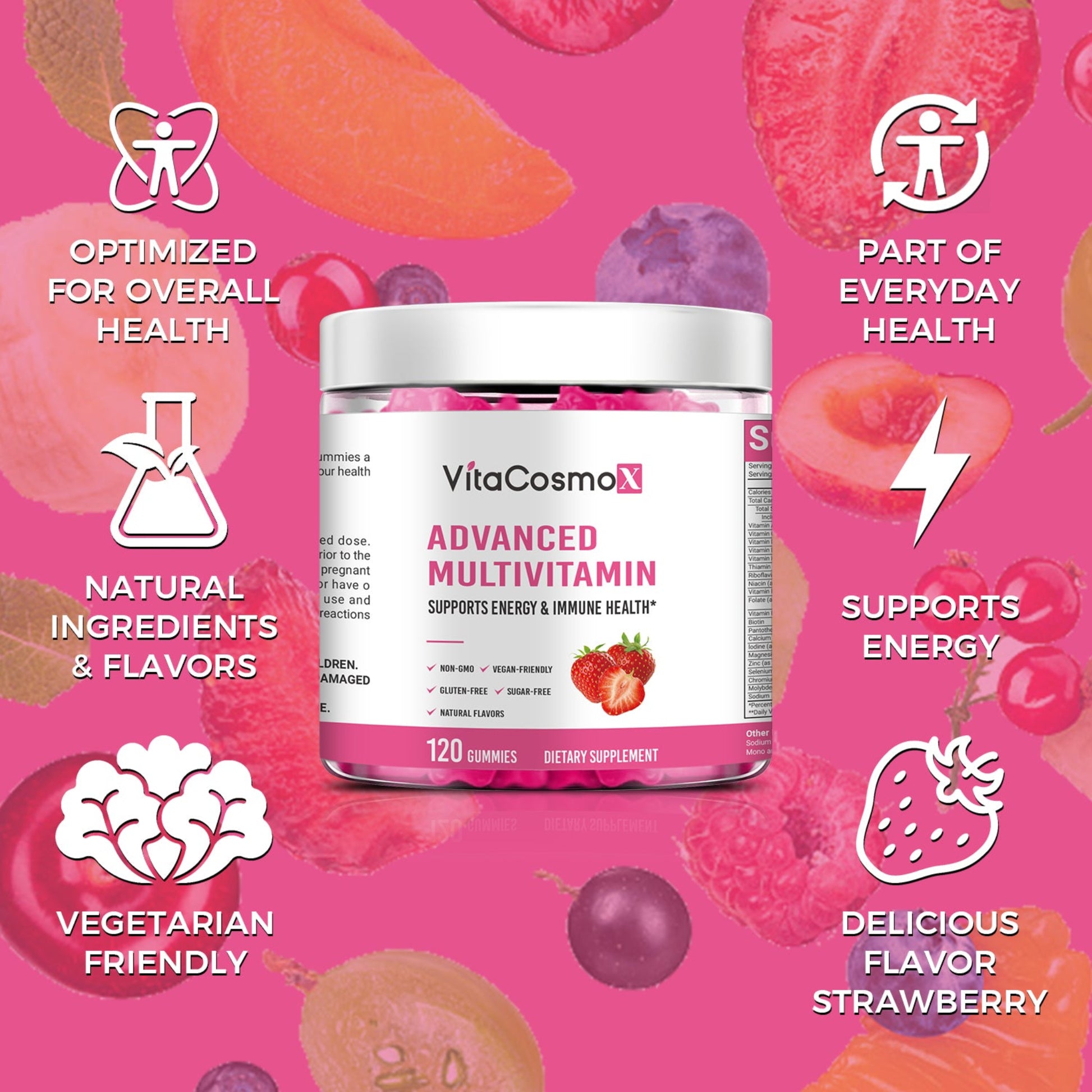VitaCosmo Advanced Multivitamin container with fruit illustrations on a pink background