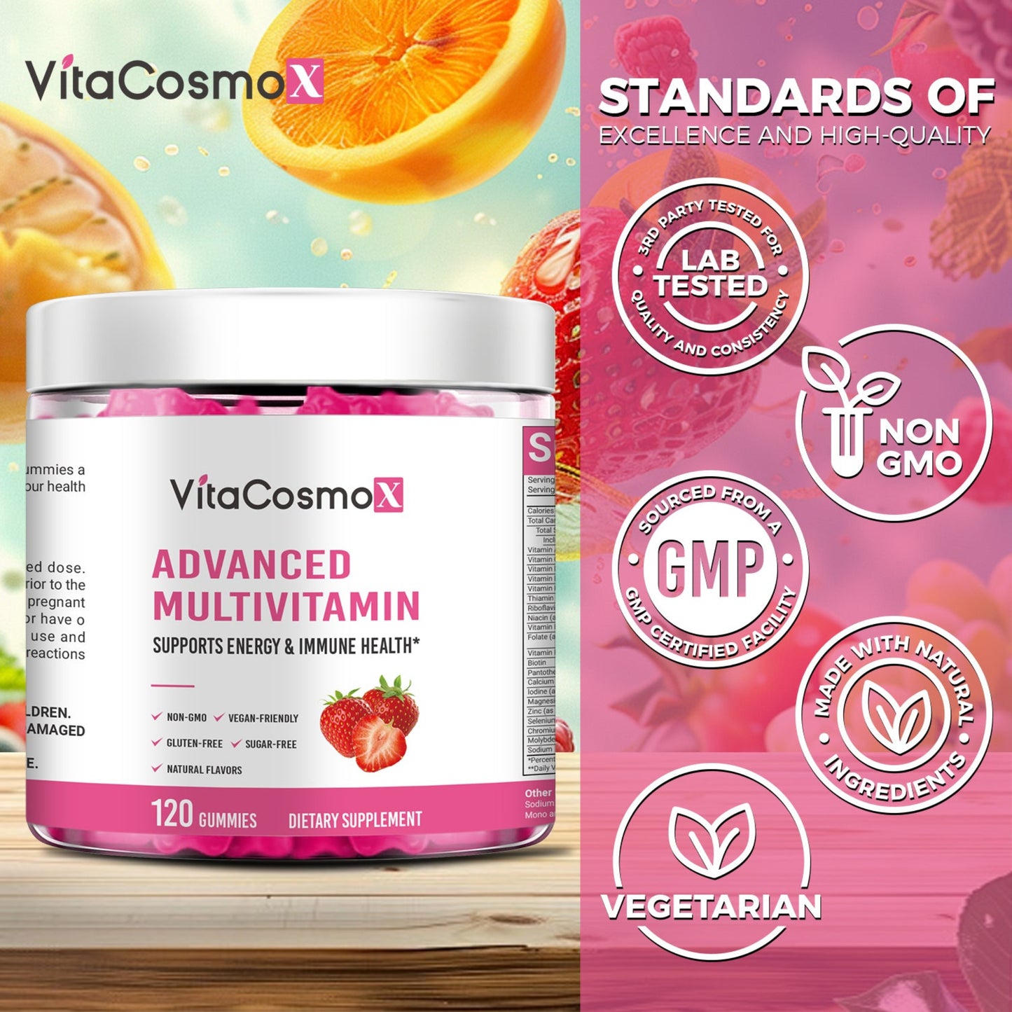 VitaCosmoX Advanced Multivitamin container with colorful background and quality certification icons.