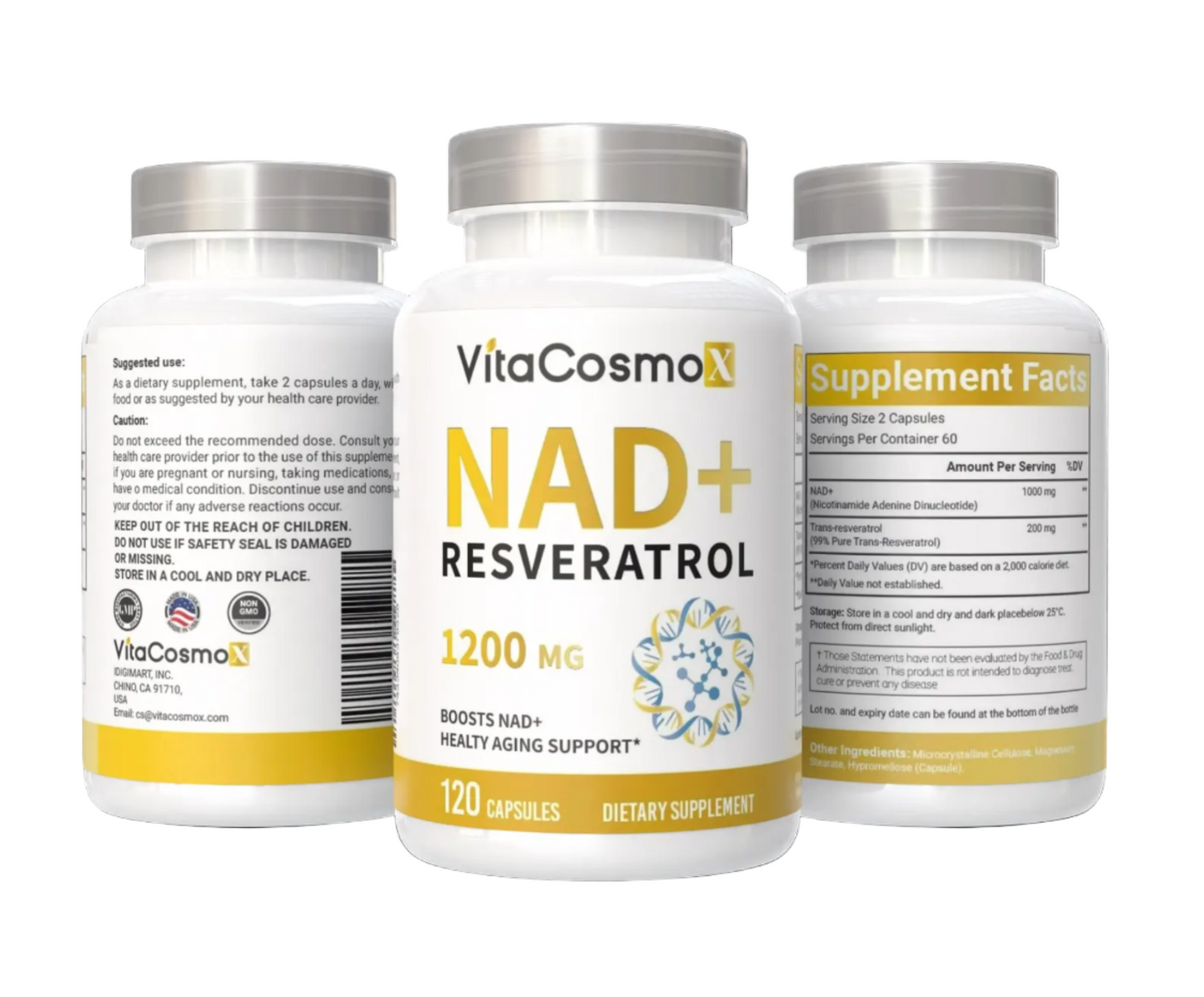 VitaCosmoX NAD+ all three sides with a white background