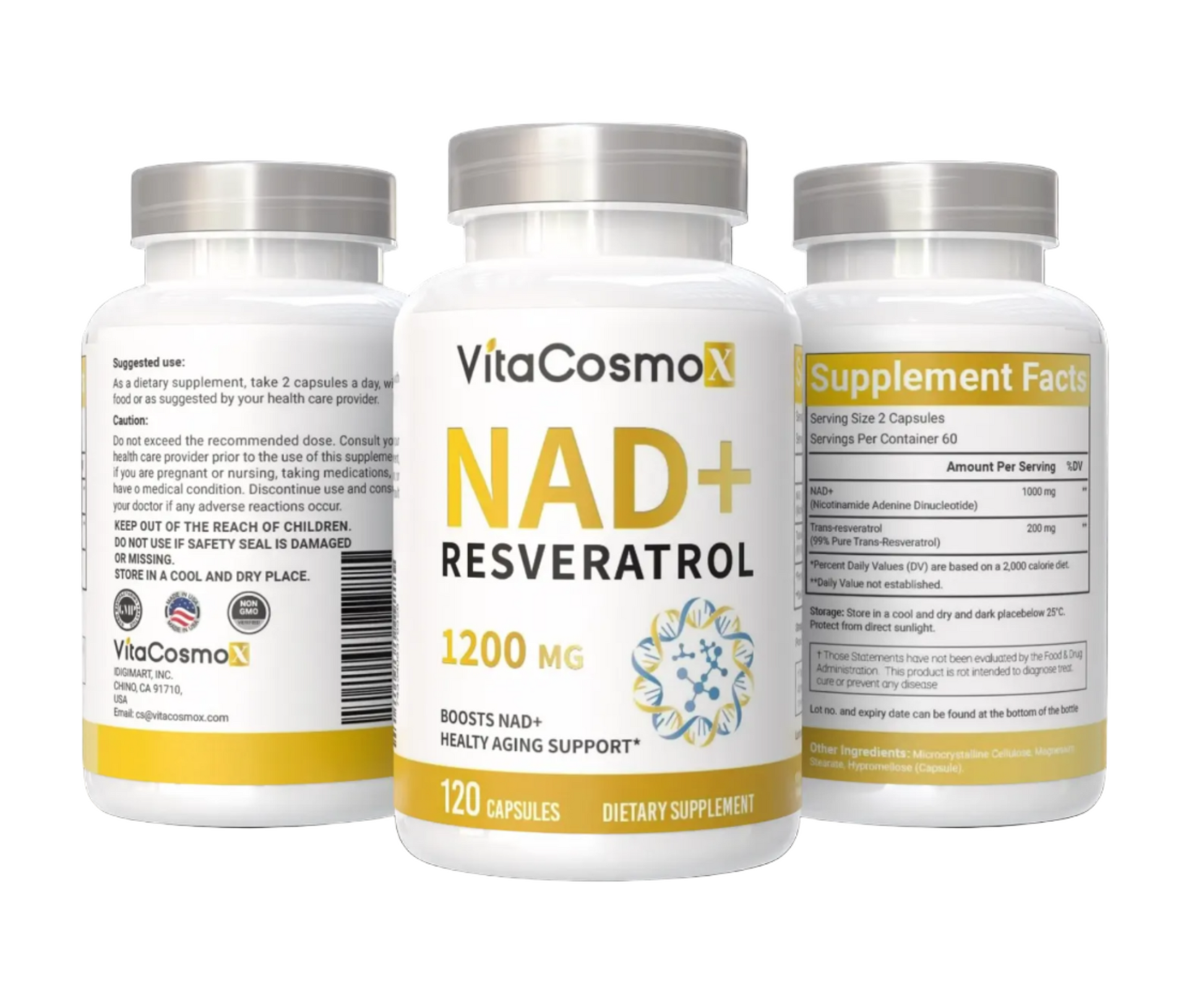 VitaCosmoX NAD+ all three sides with a white background