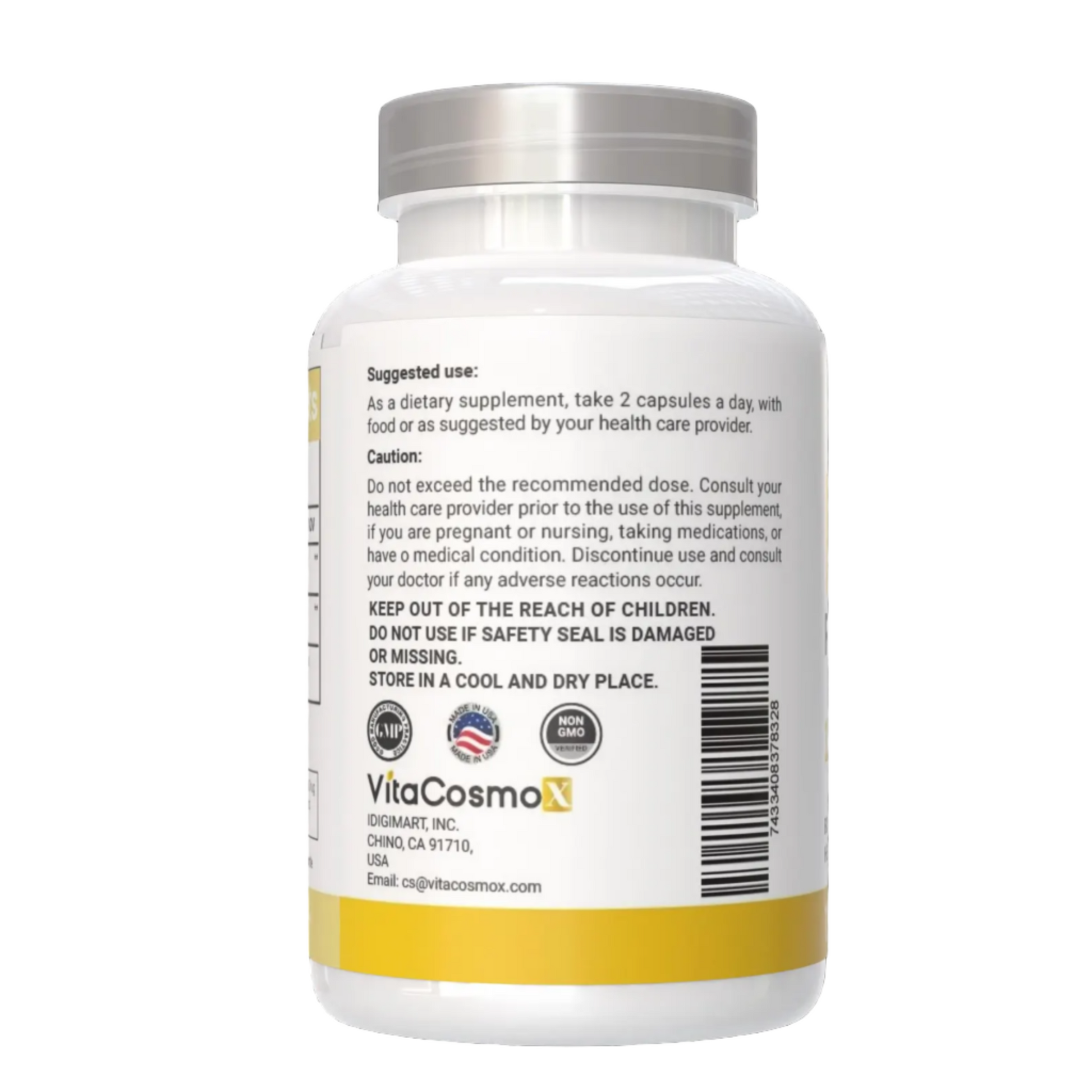 VitaCosmoX  nad caution warning label side - 120 capsules