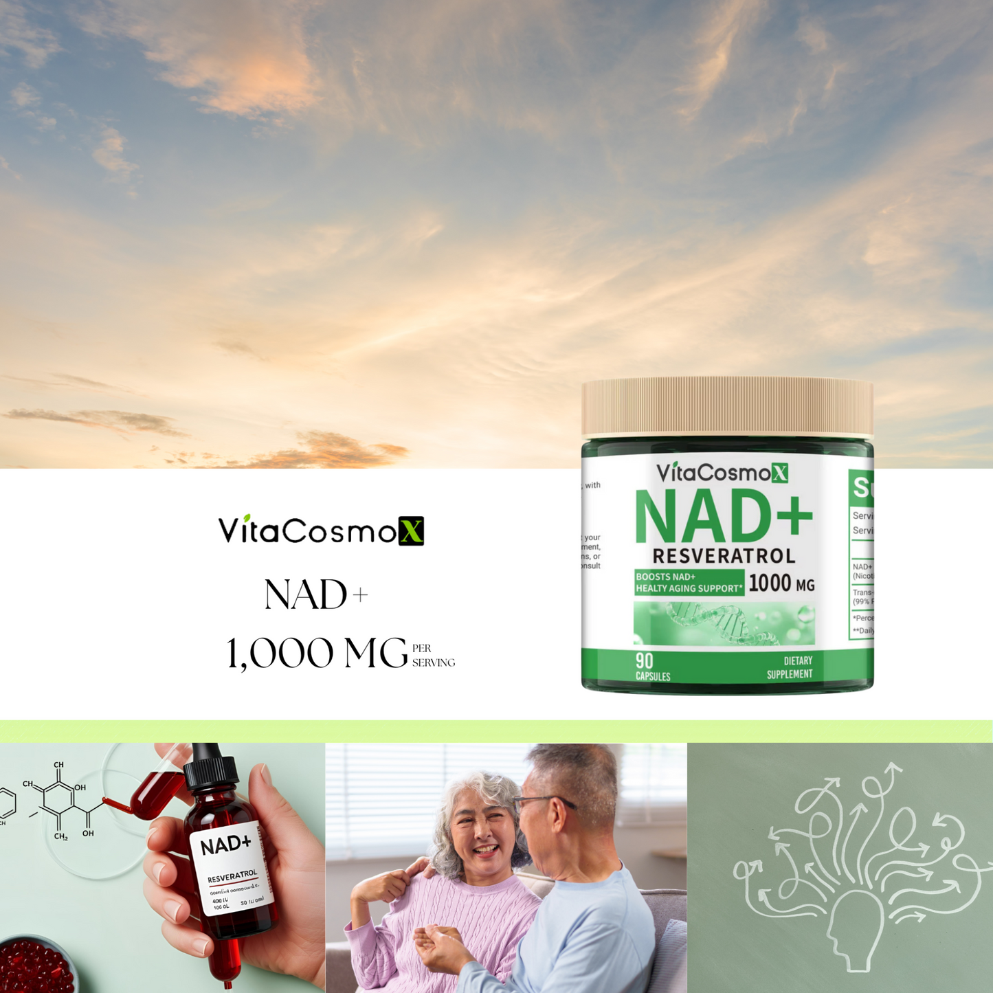 VitaCosmo NAD+ supplement jar with a sunset background 1000 mg 90 capsules