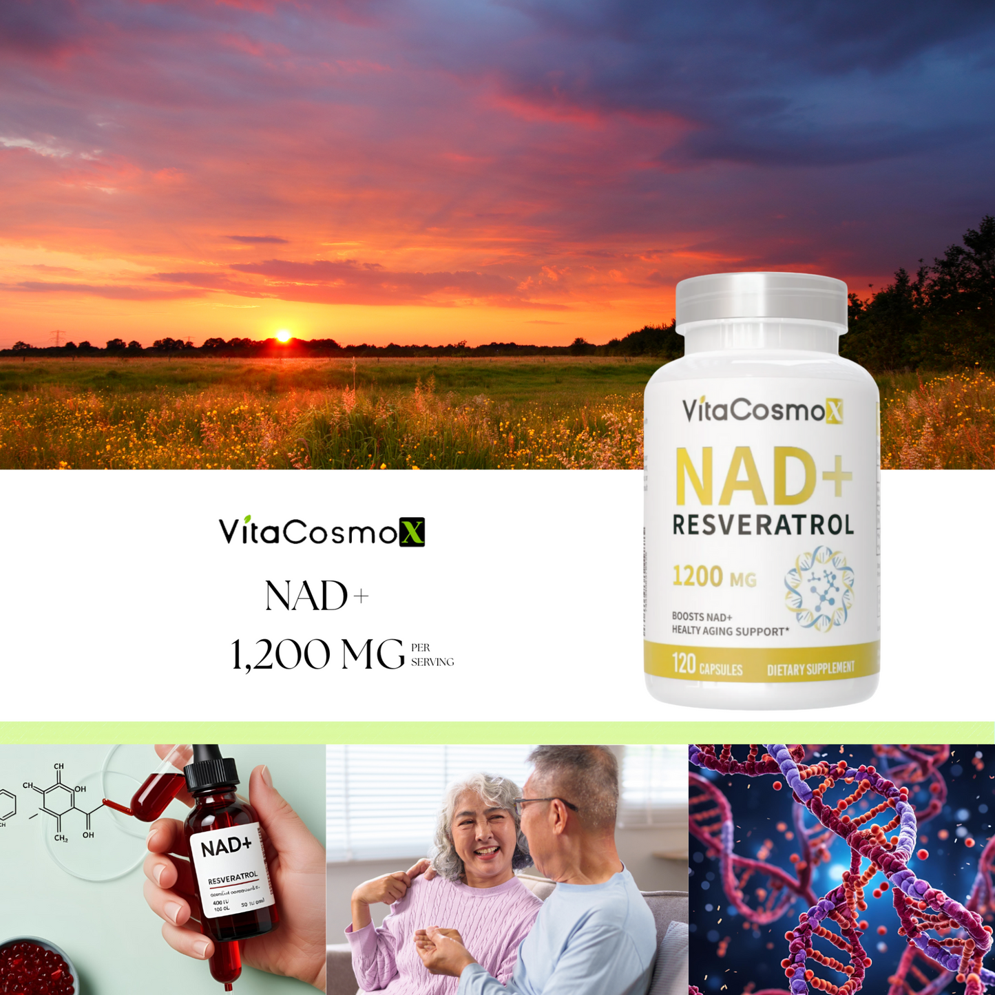 VitaCosmoX NAD+ 1200 mg 120 capsules infographic