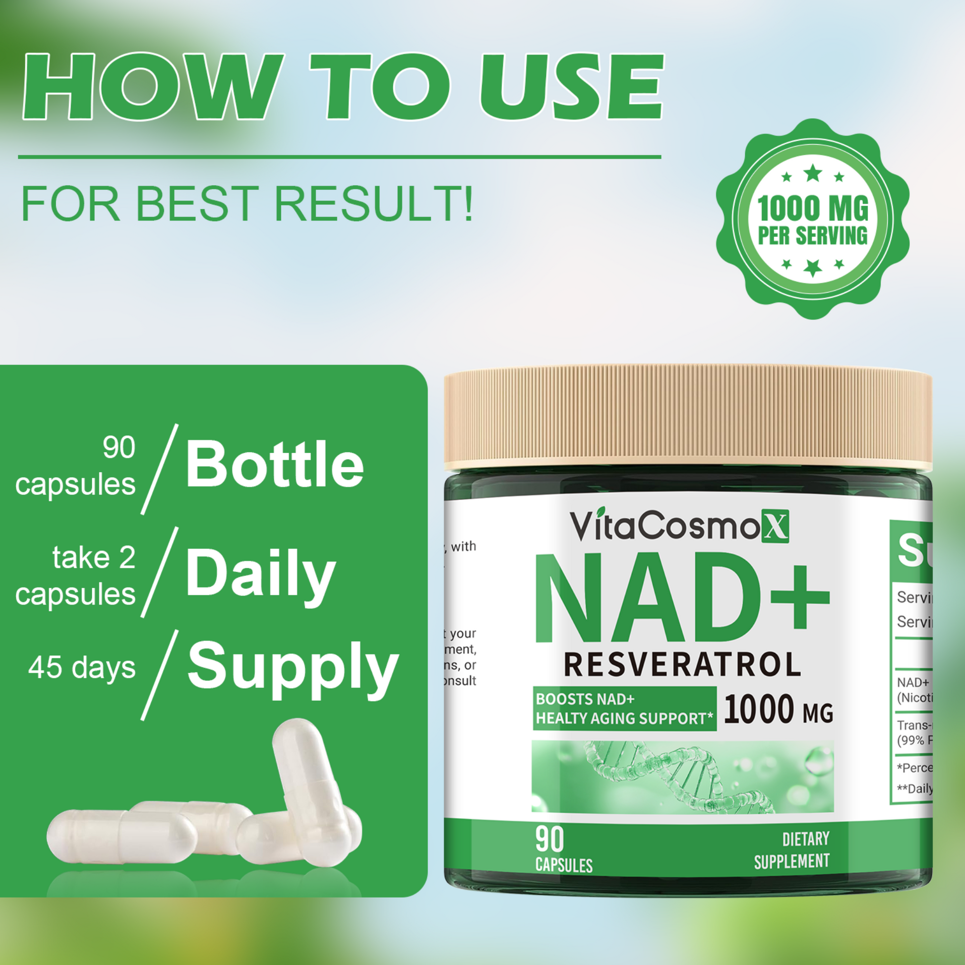 vitacosmox nad+ resveratrol 120 capsules how to use