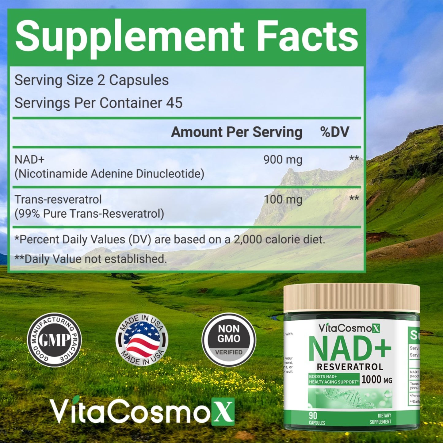 vitacosmox nad+ resveratrol 120 caps - supplement fact side only
