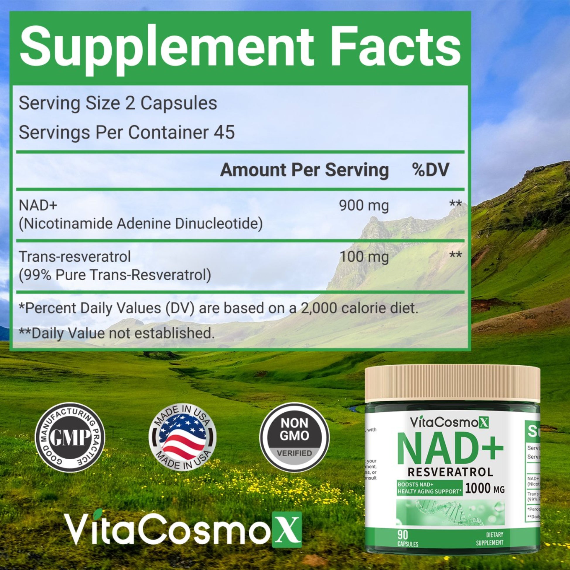 vitacosmox nad+ resveratrol 120 caps - supplement fact side only