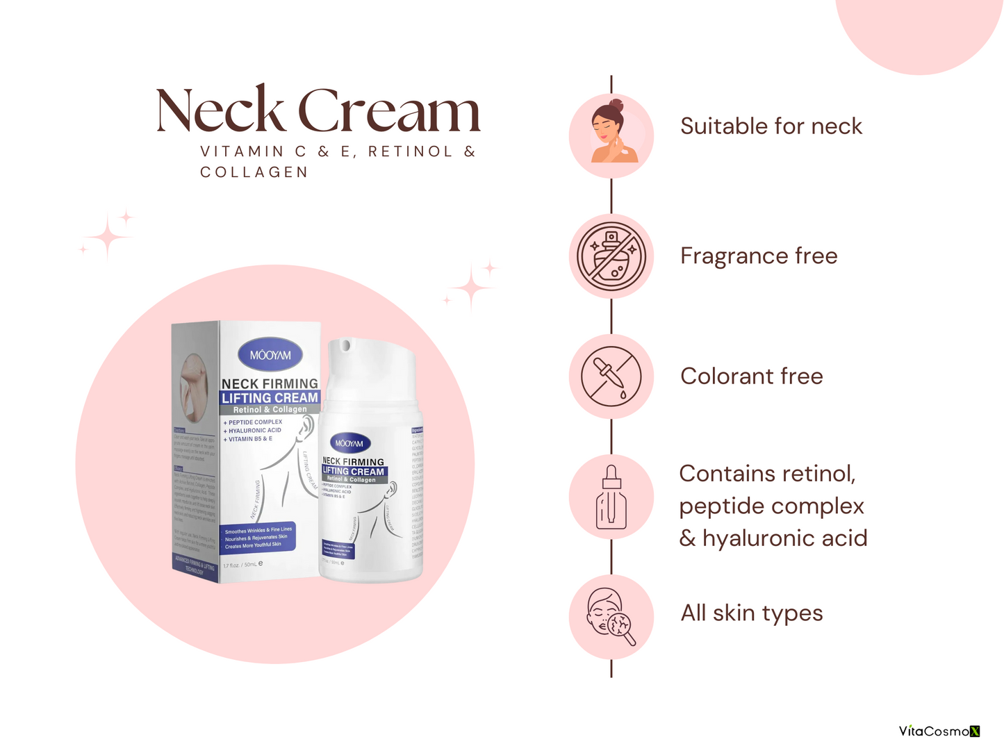 Neck cream packaging with product details on a pink background