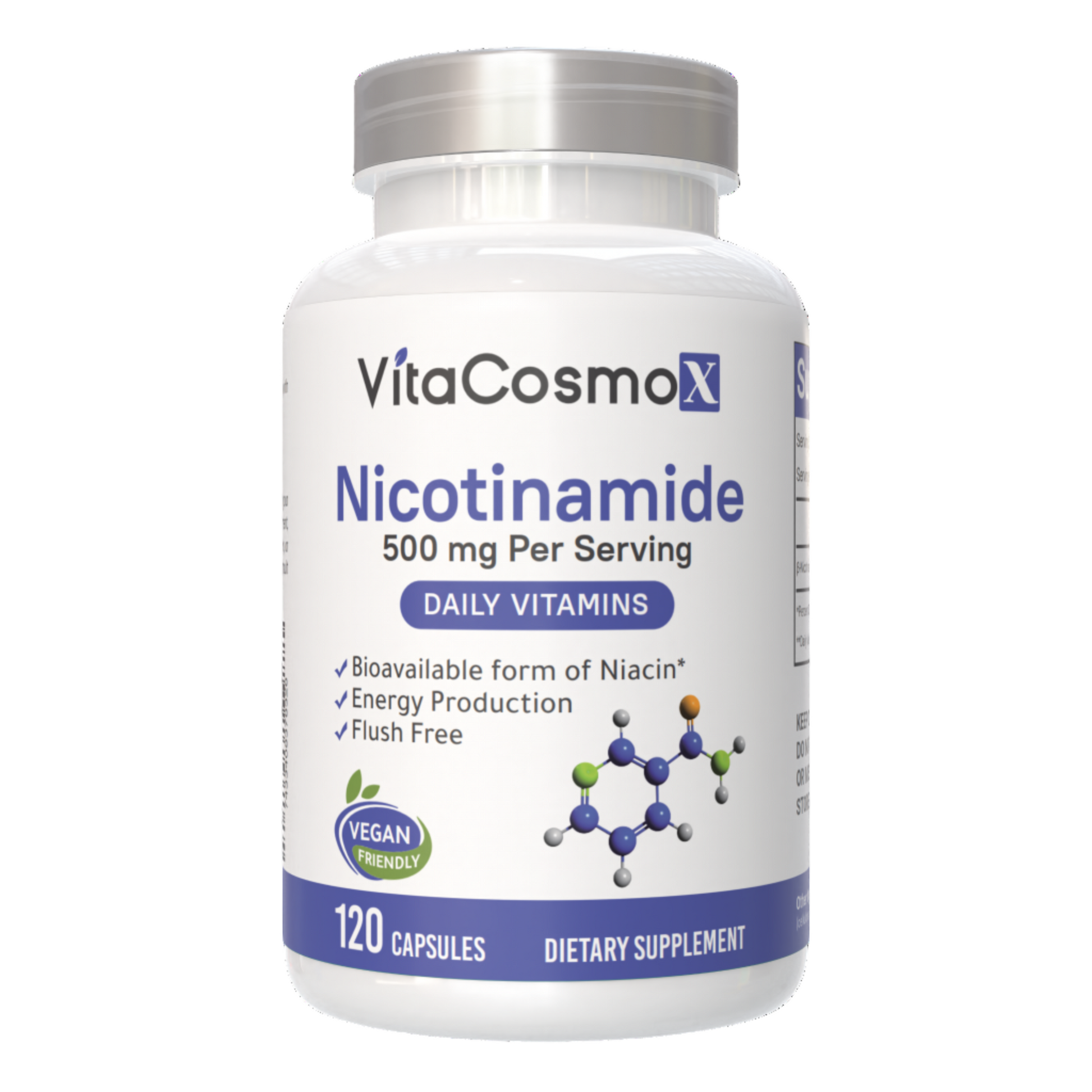 VitaCosmoX Nicotinamide supplement front side - 120 capsules 