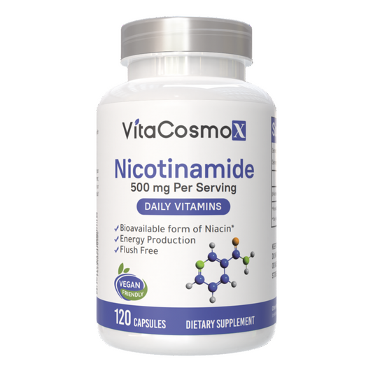 VitaCosmoX Nicotinamide supplement front side - 120 capsules 