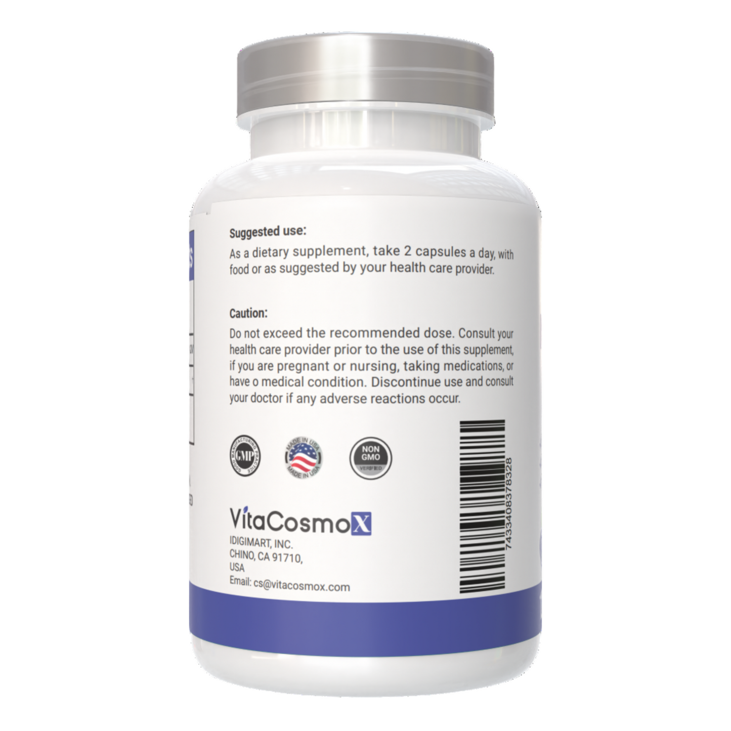 VitaCosmoX  Nicotinamide caution warning label side - 120 capsules