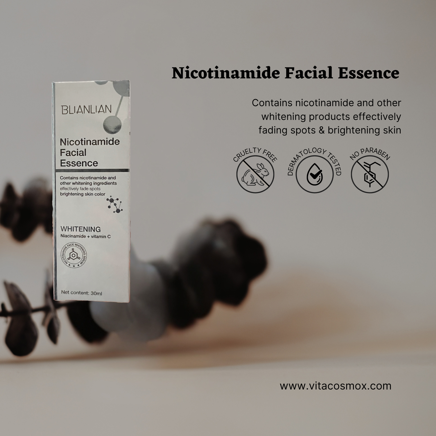 Nicotinamide Essence facial essence bottles with safety features on a blurred background