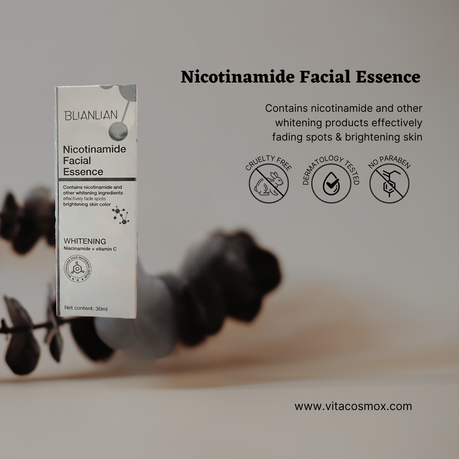 Nicotinamide Essence facial essence bottles with safety features on a blurred background