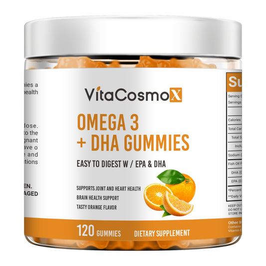 VitaCosmoX Omega 3 + DHA Gummies container with orange flavor indication on a white background