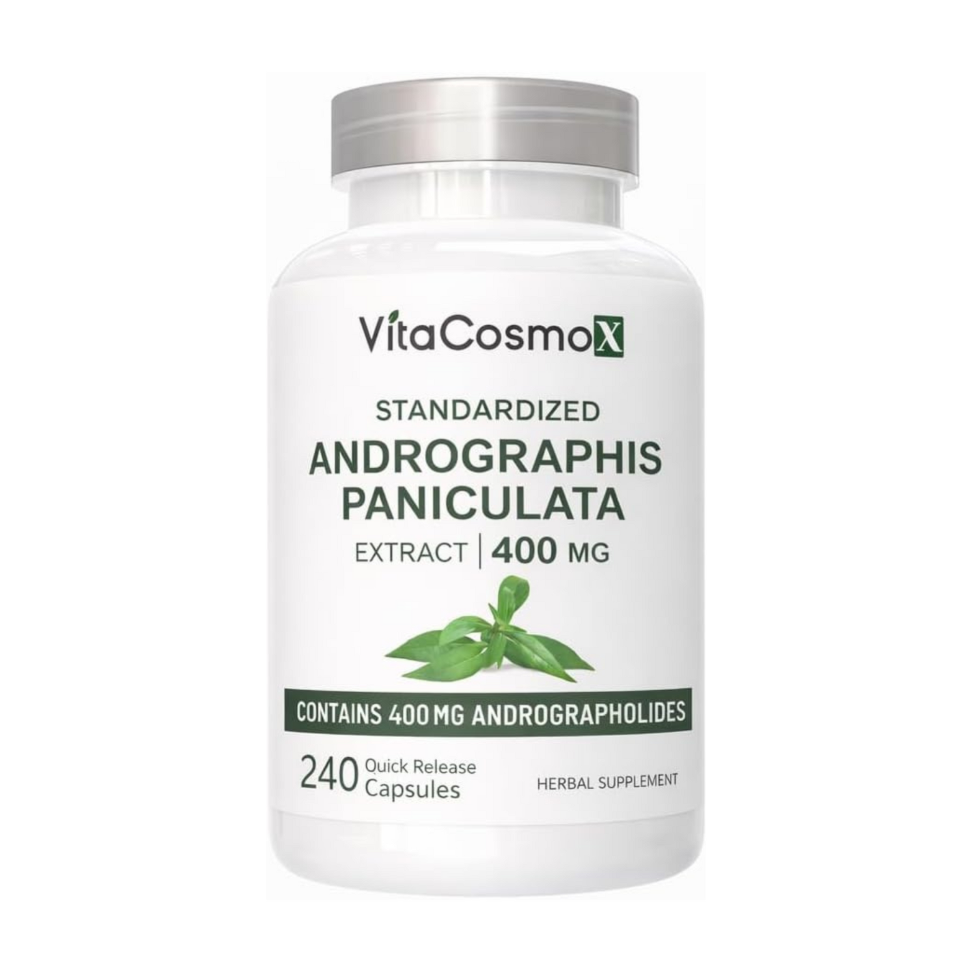 VitaCosmoX standardized Andrographis Paniculata extract supplement bottle on a white background