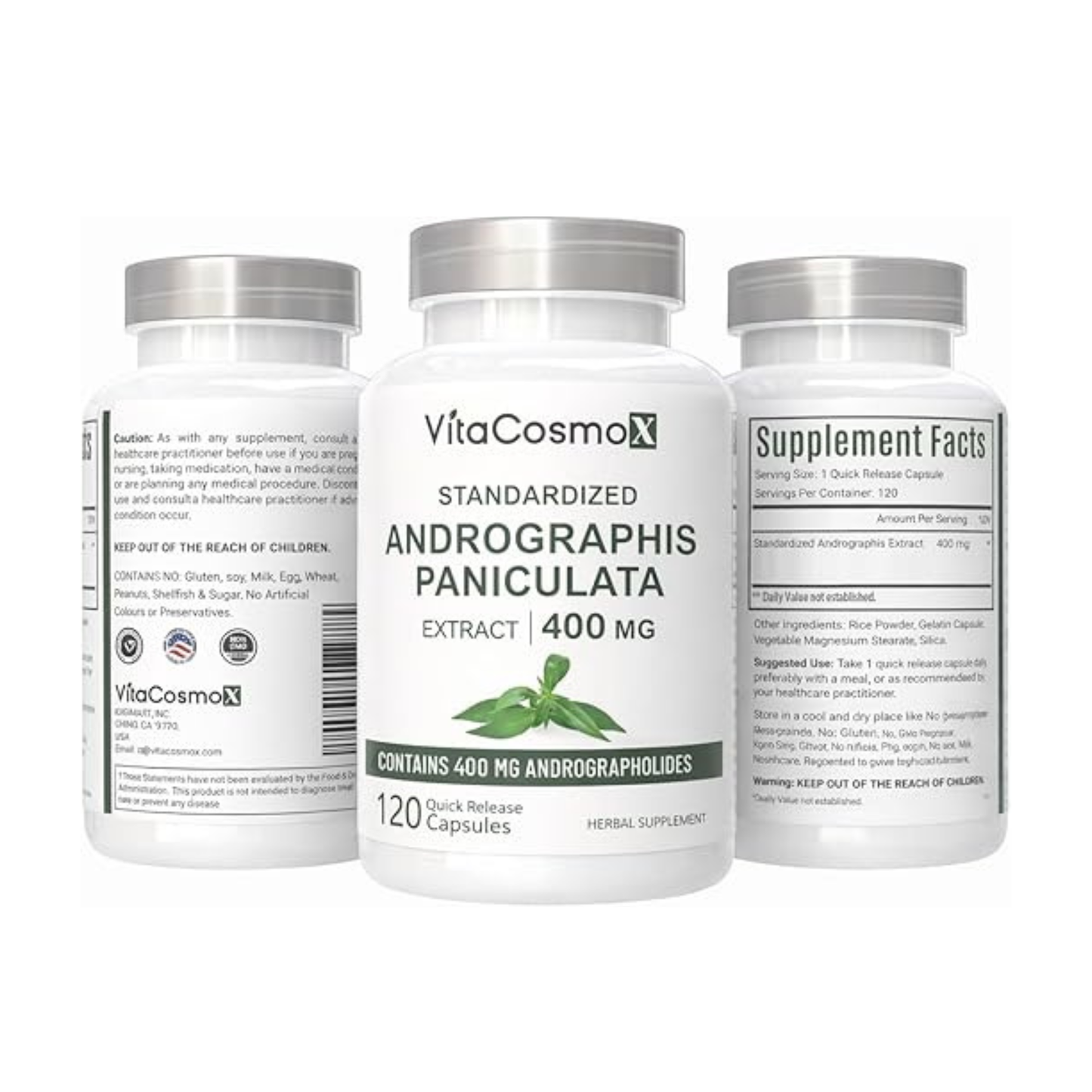 VitaCosmoX Andrographis Paniculata Extract three supplement bottles on a white background