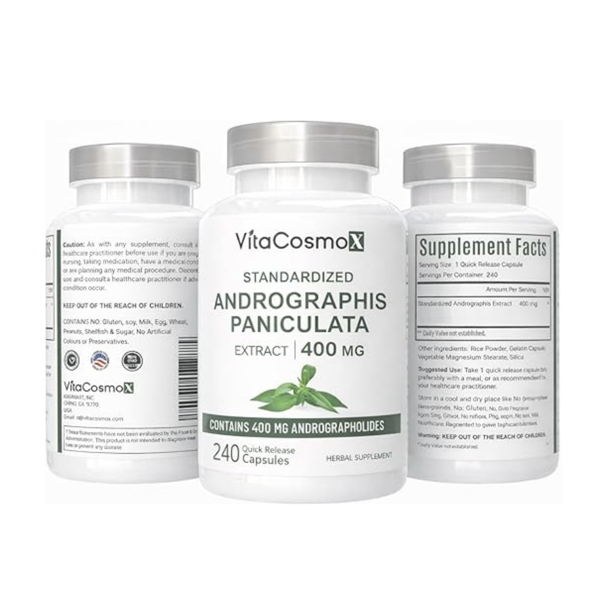 Three bottles of VitaCosmoX Andrographis Paniculata supplement on a white background