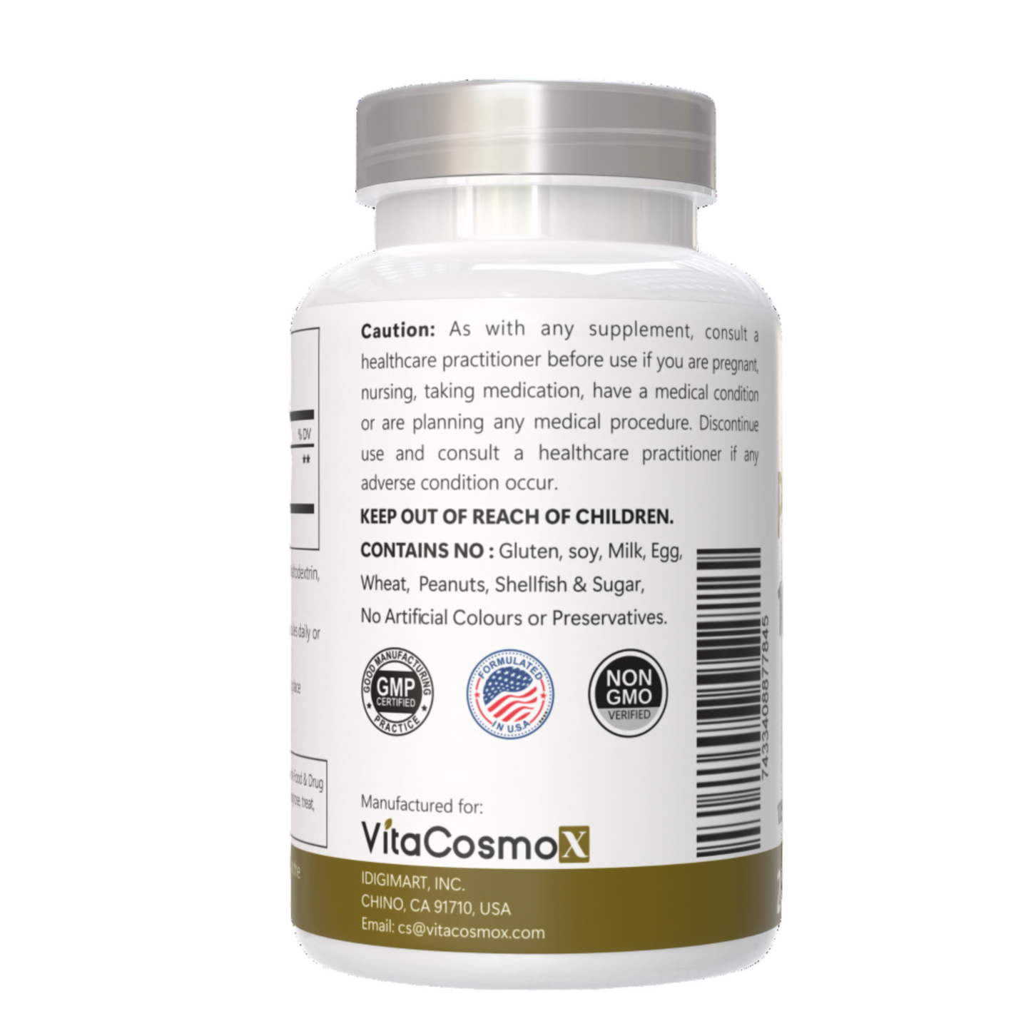 VitaCosmoX supplement bottle with label on a white background