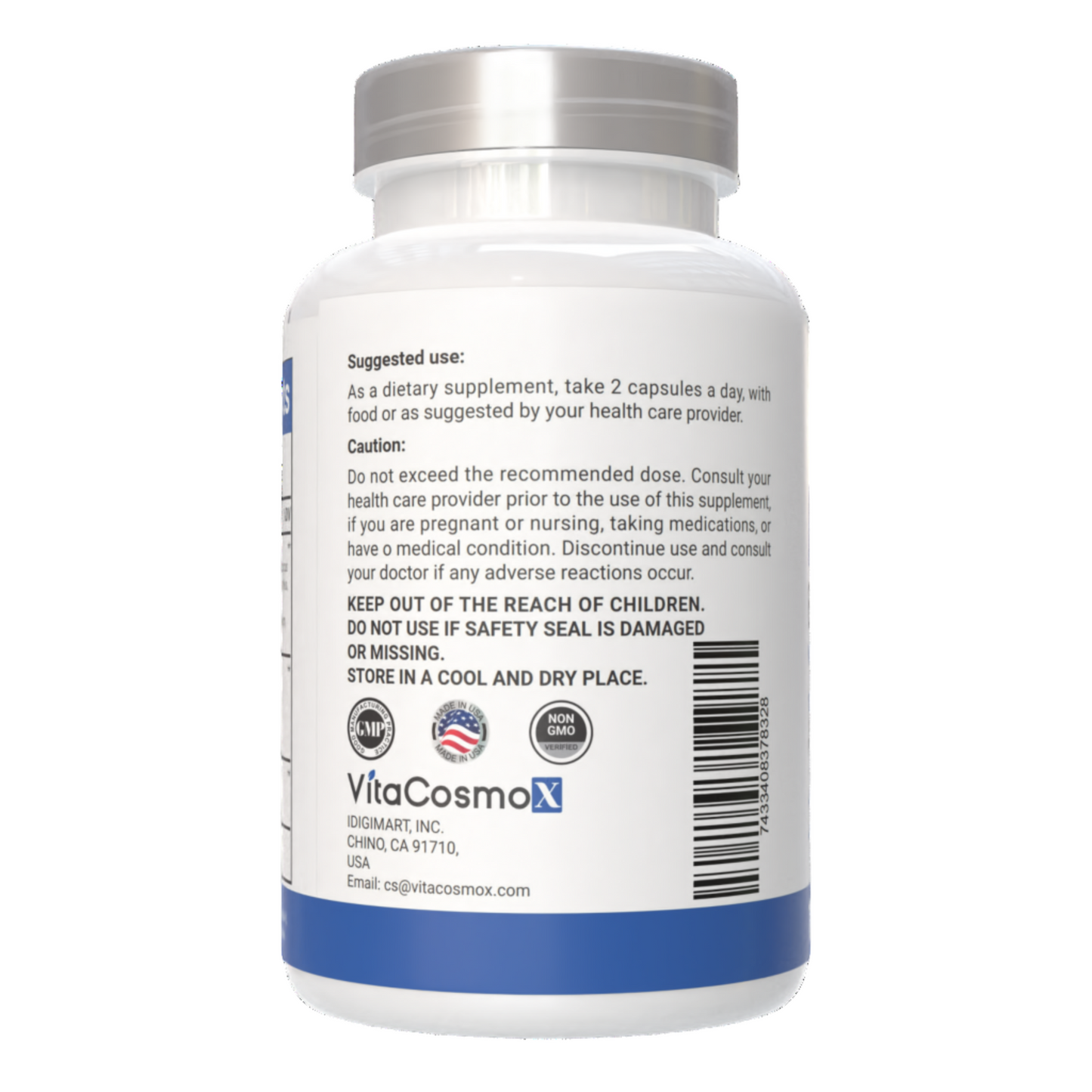 VitaCosmoX probiotics caution warning label side - 120 capsules