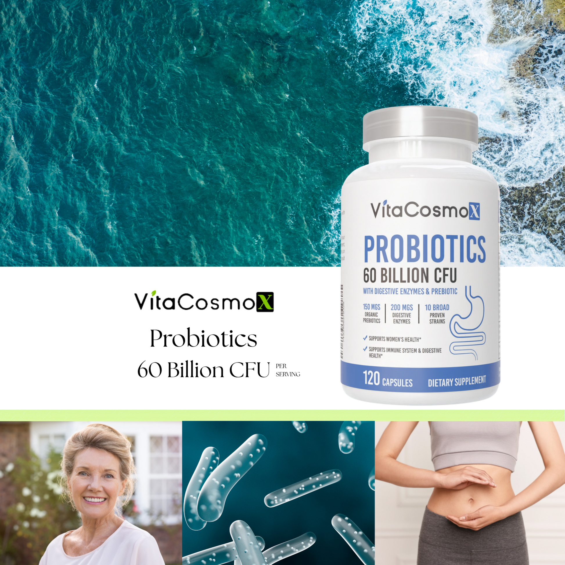 VitaCosmoX probiotics supplement bottle with ocean background 60 Billion CFU 120 capsules
