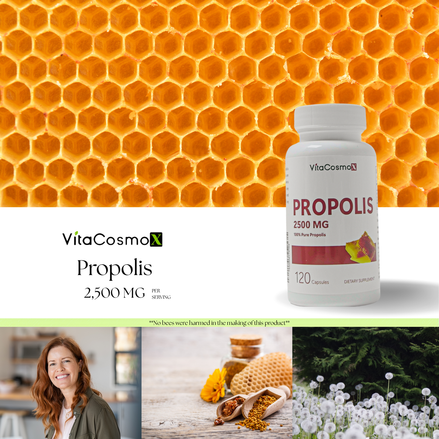 VitaCosmoX Bee Propolis 2,500 mg – 120 Vegan Capsules