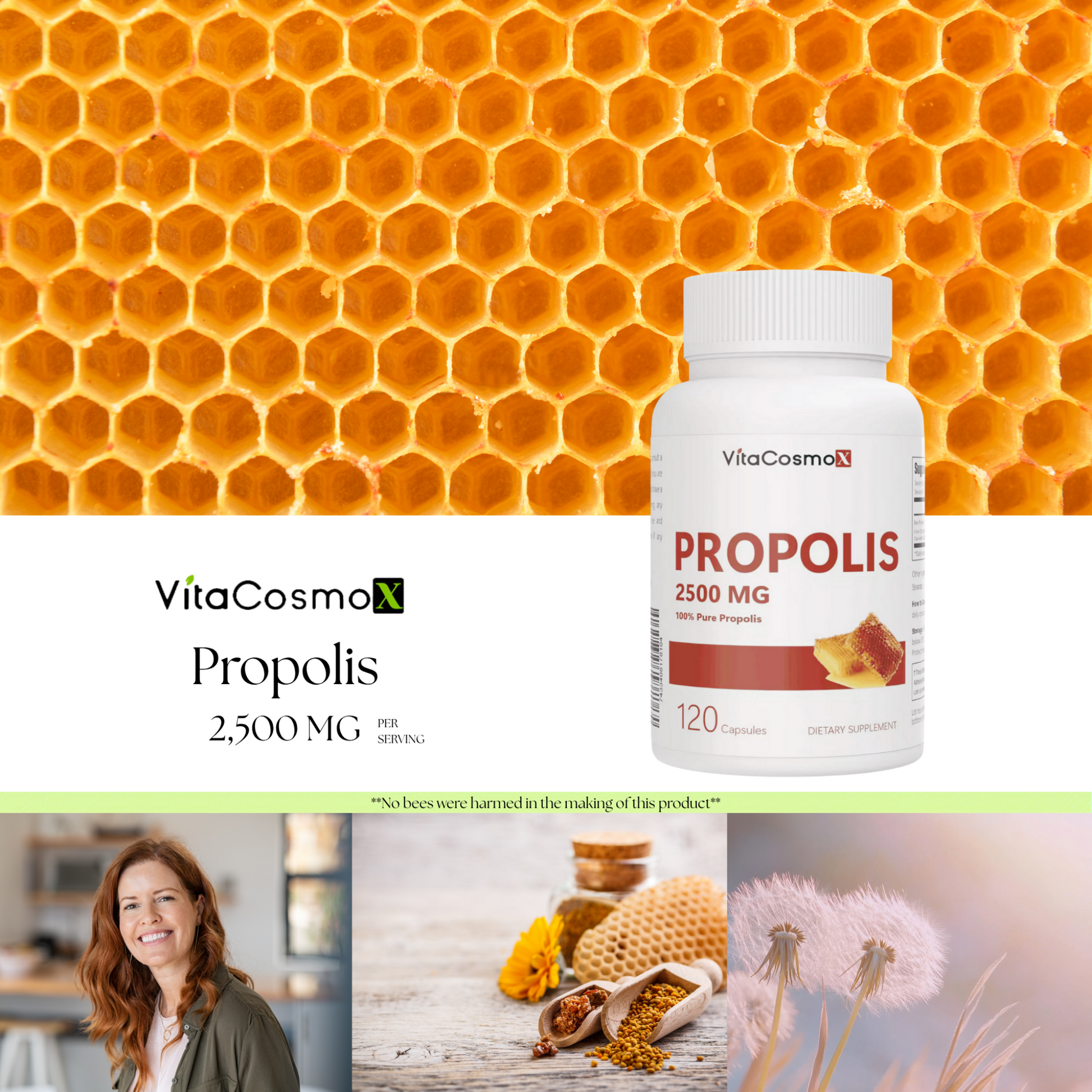 VitaCosmo Propolis supplement bottle with honeycomb background 2500 mg 120 capsules