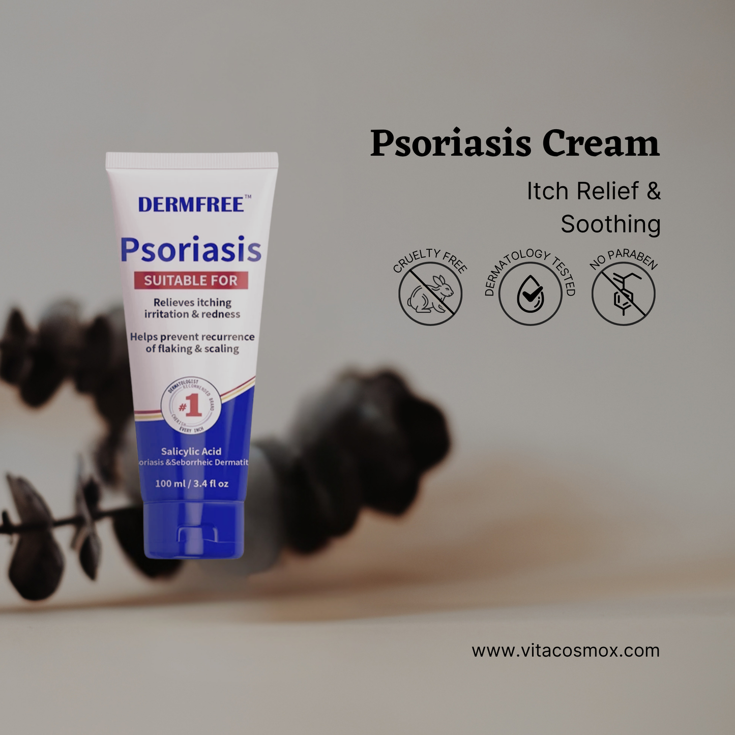 Psoriasis cream tube with branding and product details on a blurred background