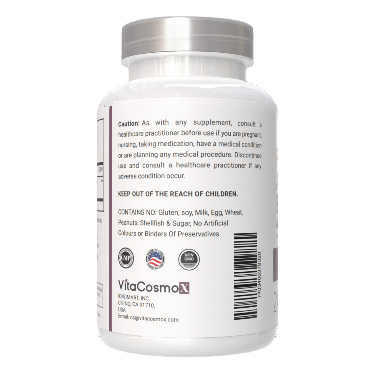 VitaCosmoX pygeum caution warning label side - 240 capsules