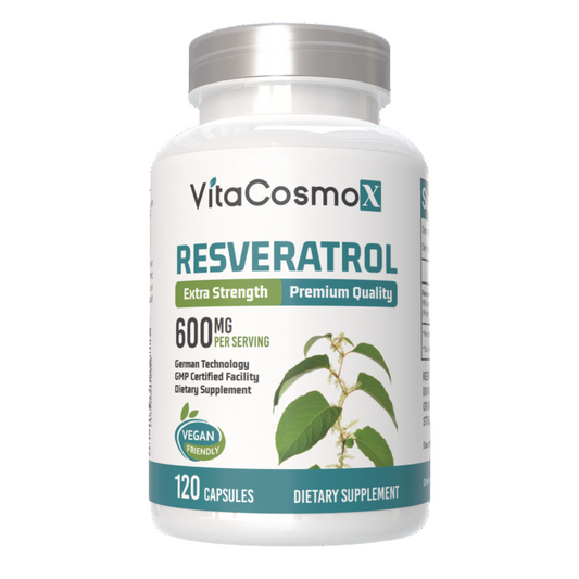 VitaCosmoX resveratrol supplement front side - 120 capsules 