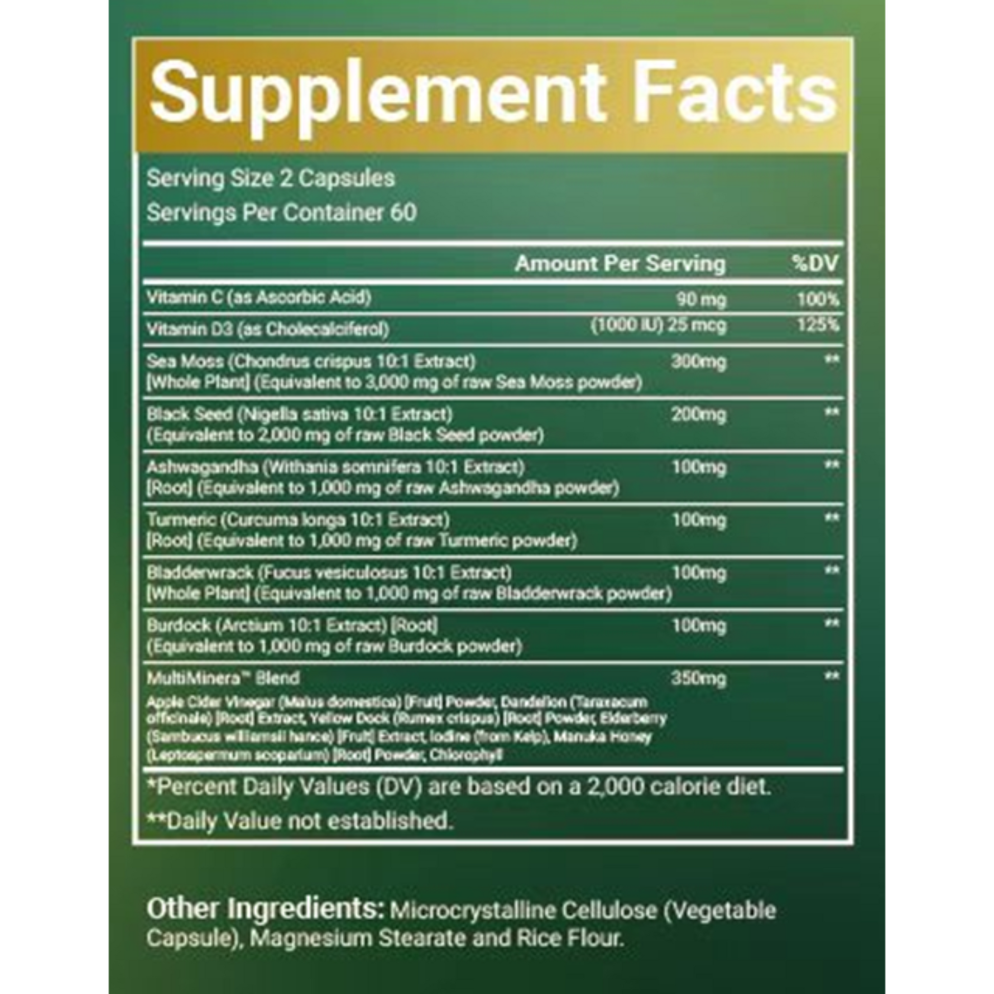 vitacosmox sea moss 120 caps supplement fact side zoomed in 