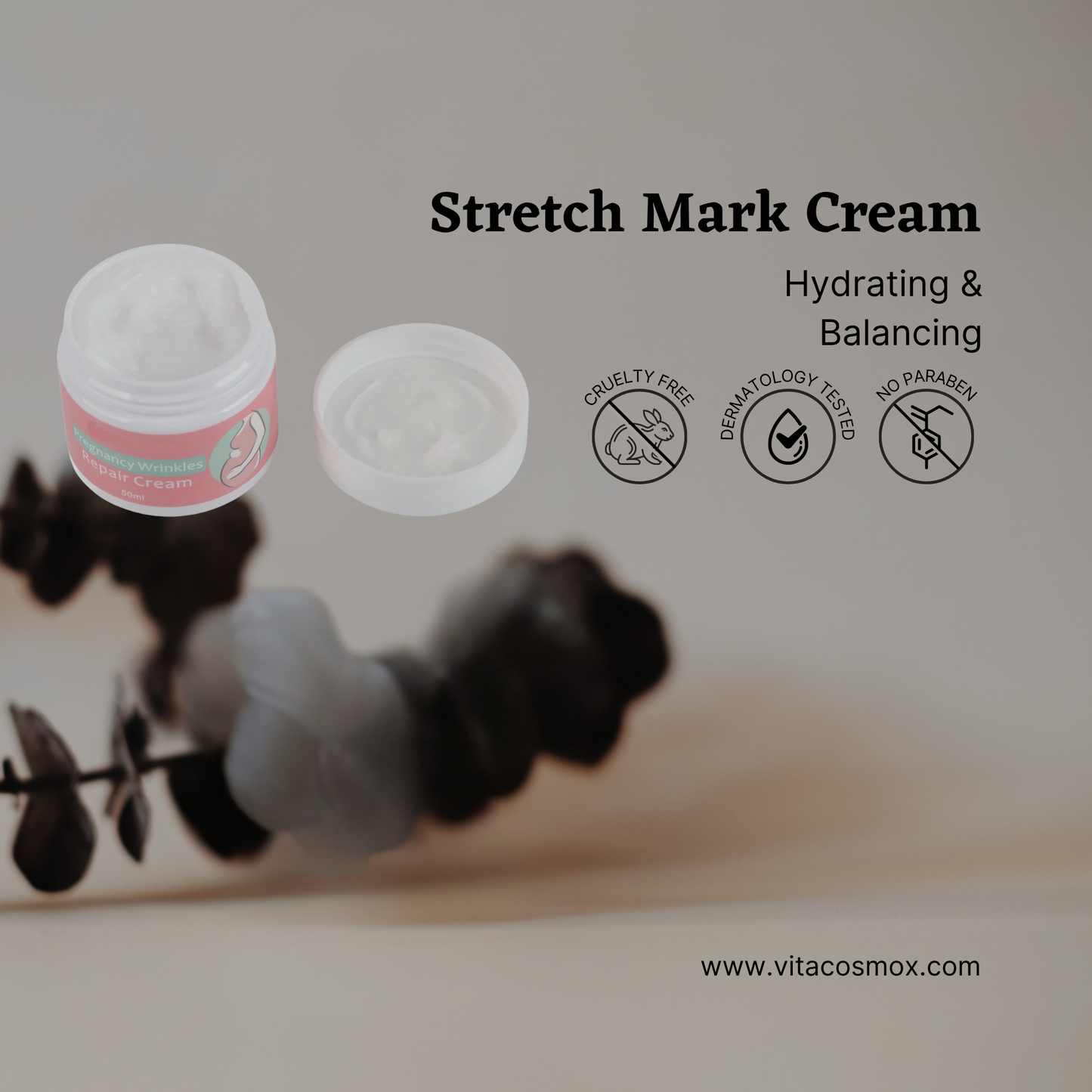 Stretch cream packaging with features listed on a blurred background