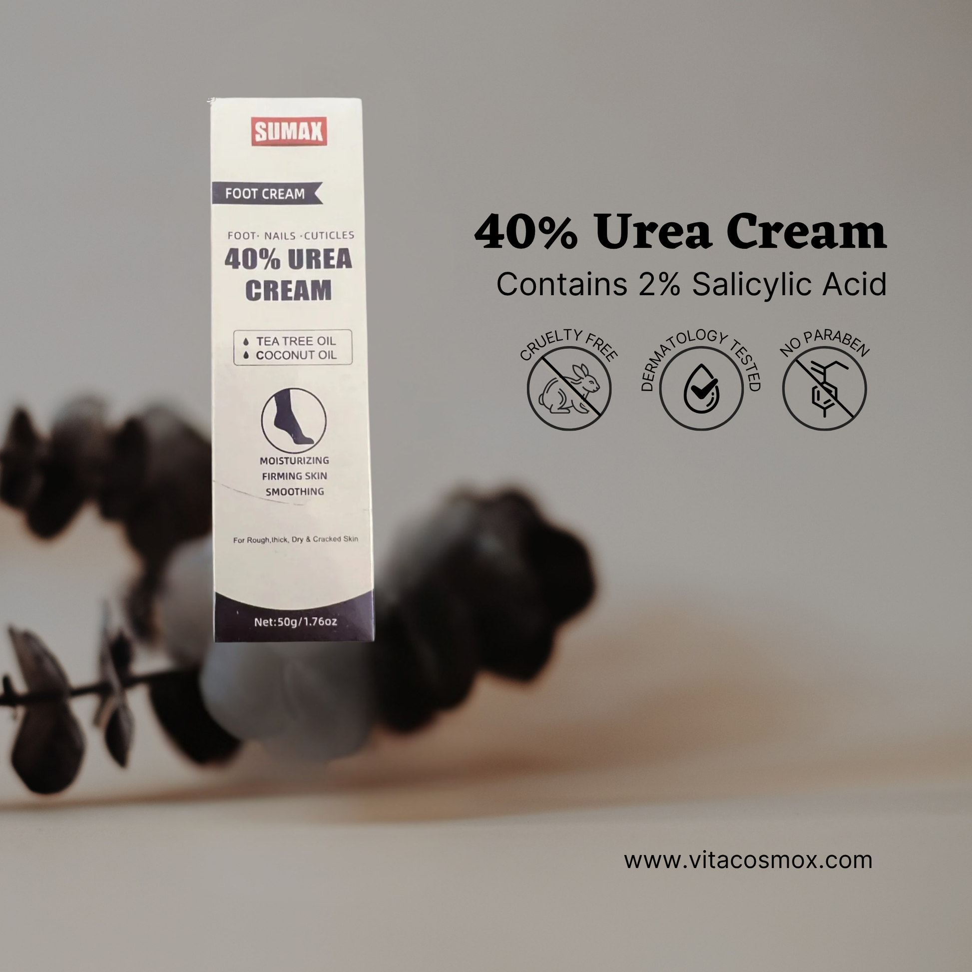 Sumax 40% Urea Cream packaging with product details on a blurred background