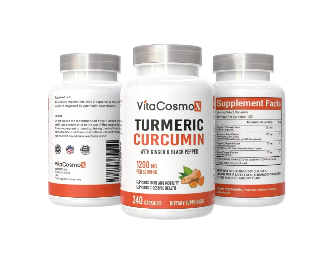 VitaCosmoX Turmeric Curcumin with Bioperine 1,200 mg - 240 Veggie Capsules