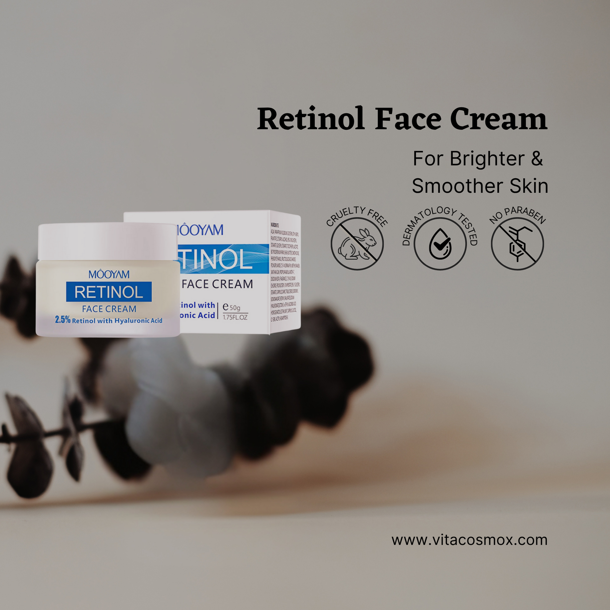 Retinol face cream packaging with branding and product details on a blurred background