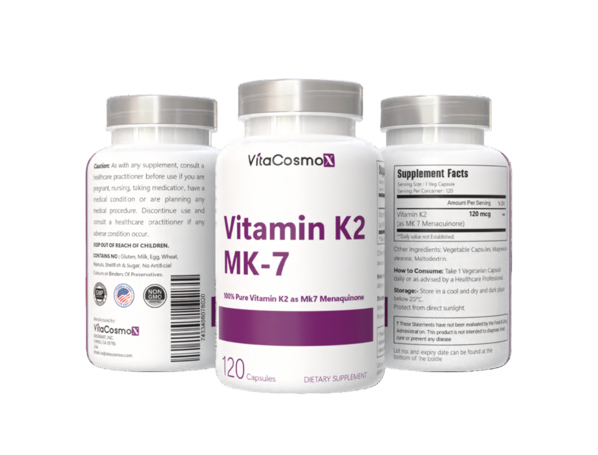 VitaCosmoX vitamin k2 mk-7 all three side - 120 capsules