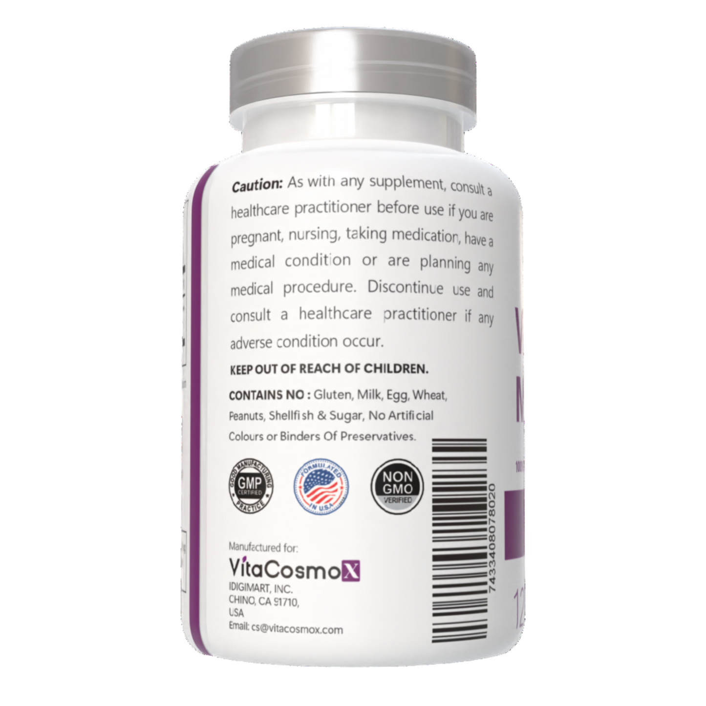 VitaCosmoX vitamin k2 mk-7 caution warning label side - 120 capsules