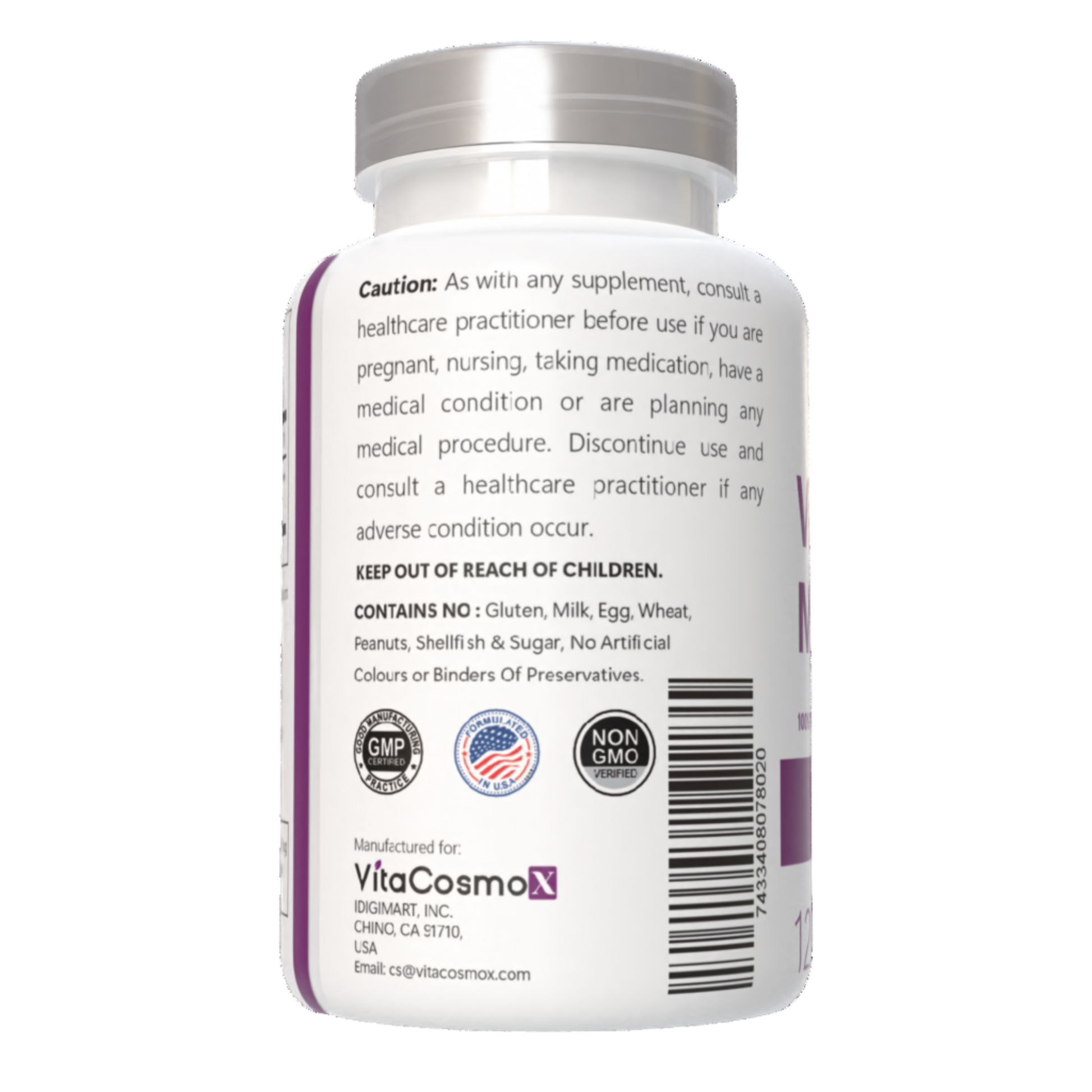 VitaCosmoX vitamin k2 mk-7 caution warning label side - 120 capsules