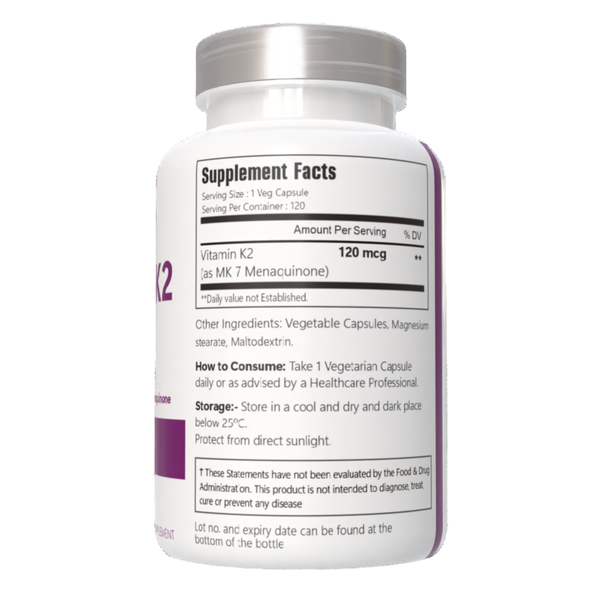 VitaCosmoX vitamin k2 mk-7 supplement fact side - 120 capsules