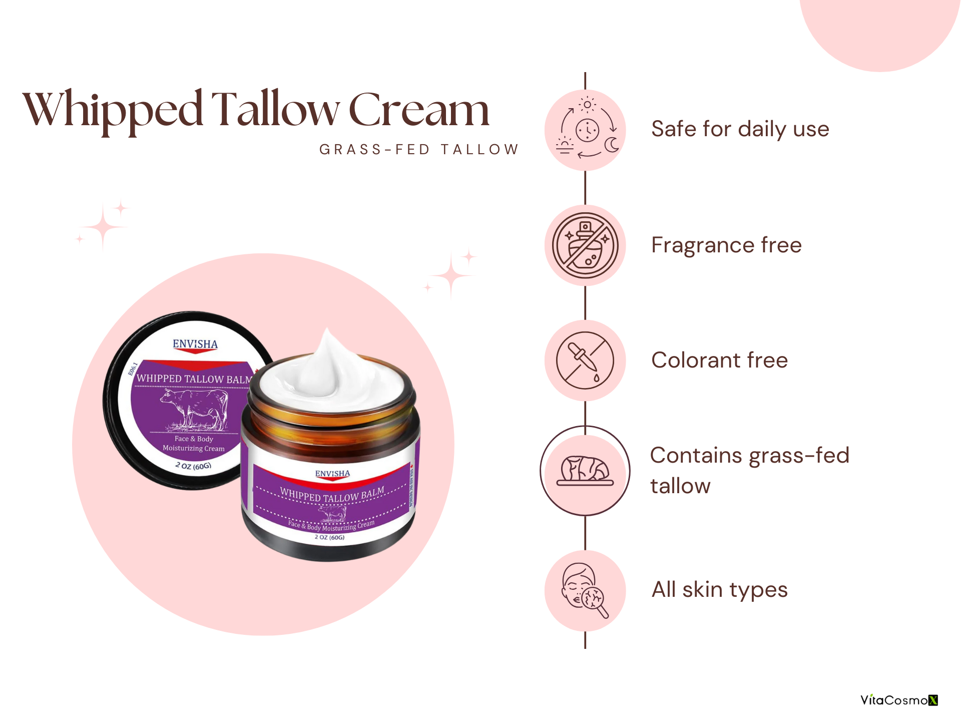 Whipped tallow cream packaging with features listed on a pink background