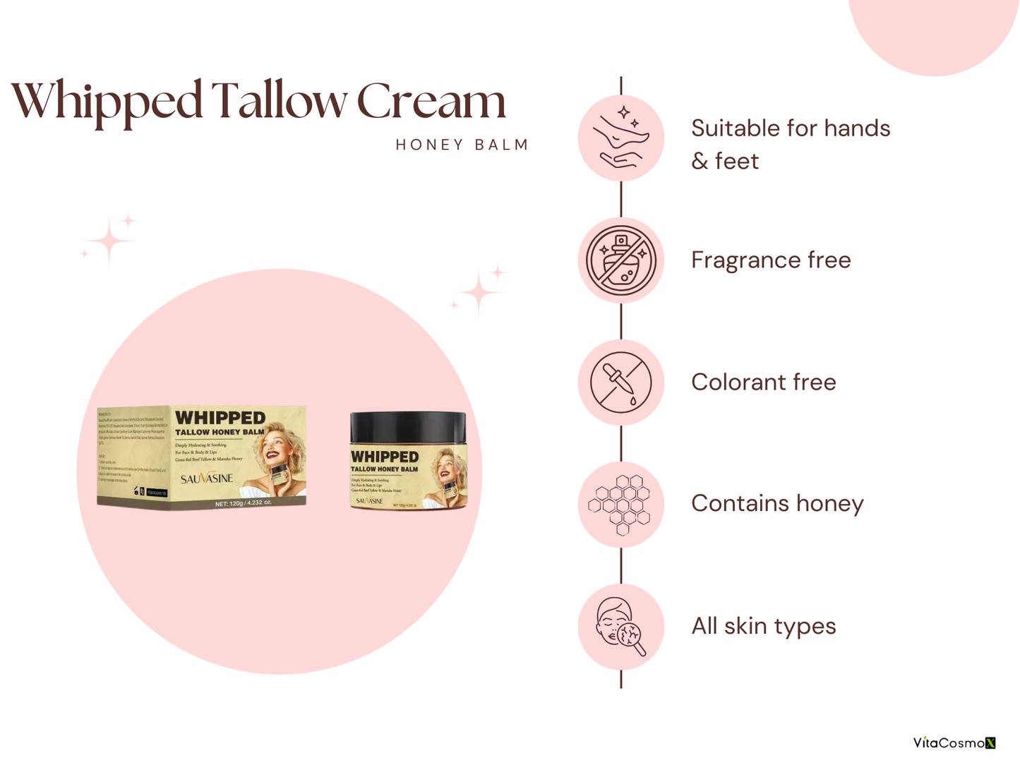 VitaCosmoX Organic Grass Whipped Tallow Honey Balm Moisture (4.2 fl.oz)