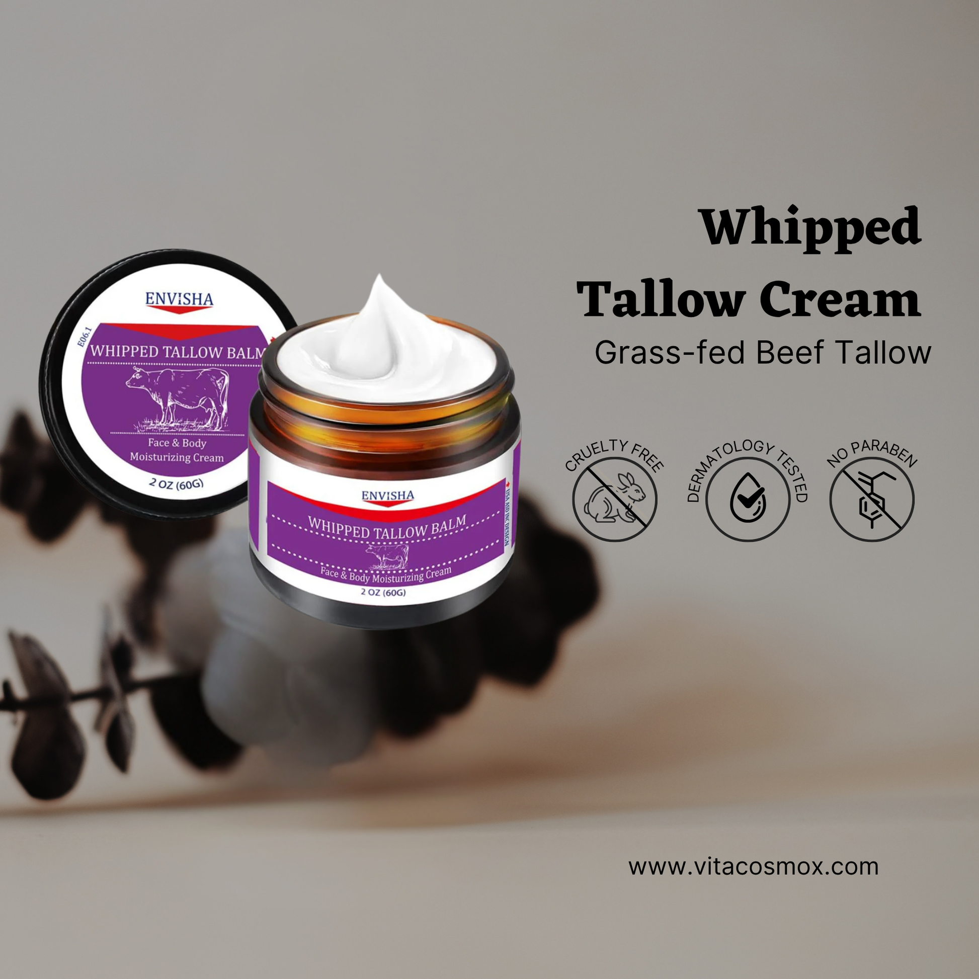 Whipped tallow cream jar with visible brand label on a neutral background
